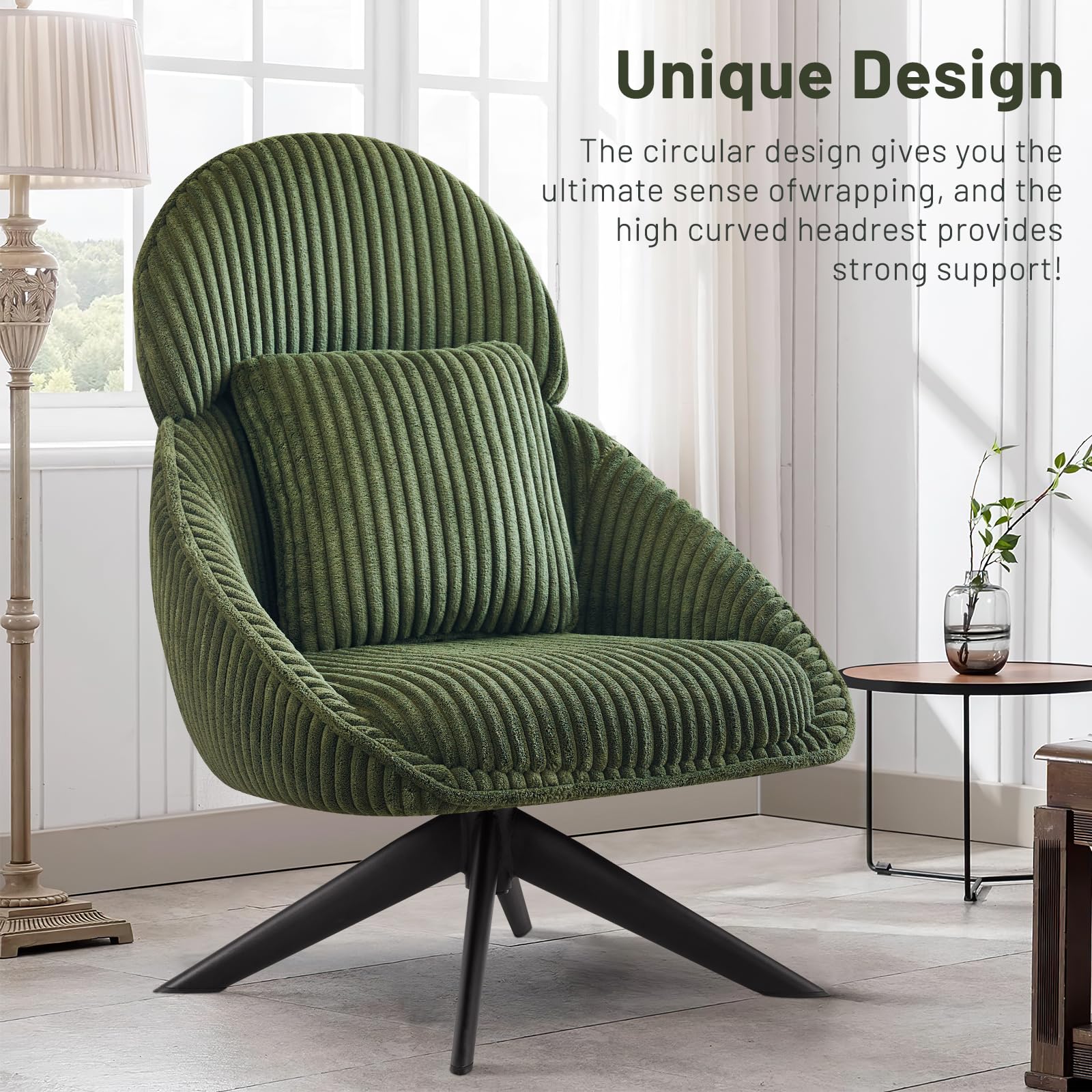 Furniliving Modern Upholstered Swivel Accent Chair - Green Corduroy Armchair with Headrest & Metal Legs for Living Room, Bedroom, Office | Comfortable Lounge Chair with Pillow for Relaxing, Reading & Entertaining