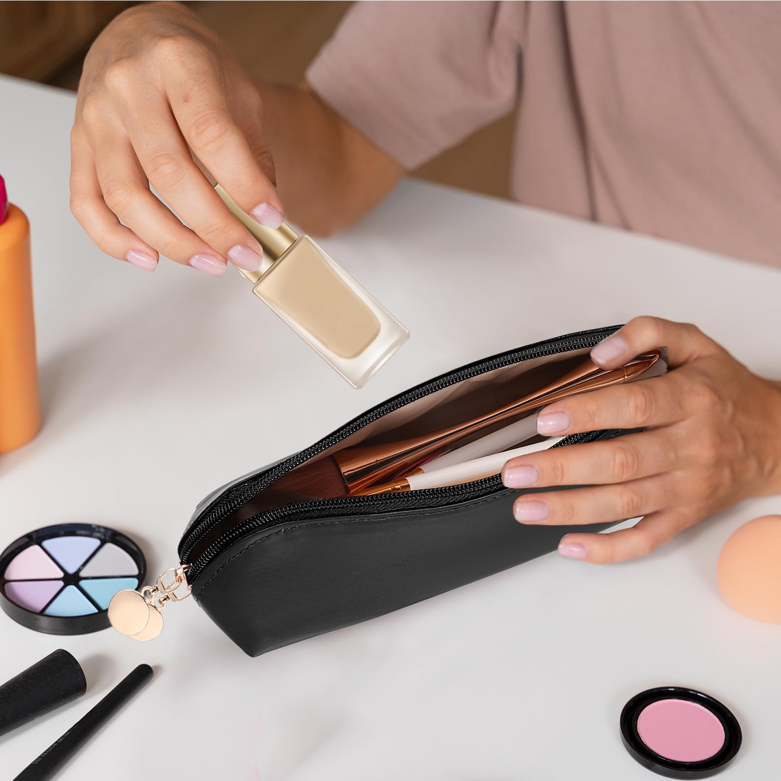 Premium PU Leather Travel Makeup Brush Holder with Zipper Closure - Portable & Washable Cosmetic Brush Organizer Pouch for Daily Use, Work, Travel & Outdoor Activities (Black, Pink) | Perfect for Makeup Artists, On-the-Go Touchups & Compact Storage