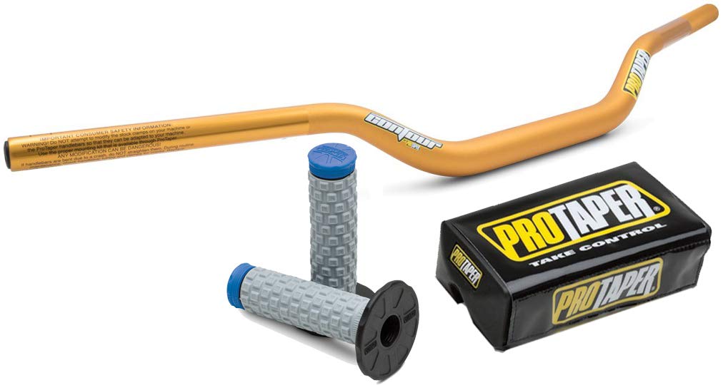 Pro Taper 2809D GOLD High Contour Motorcycle Handlebars & 024852 Blue Pillow Top Grips - Dirt Bike, ATV, Off-Road Riding Accessories for Enhanced Control and Comfort