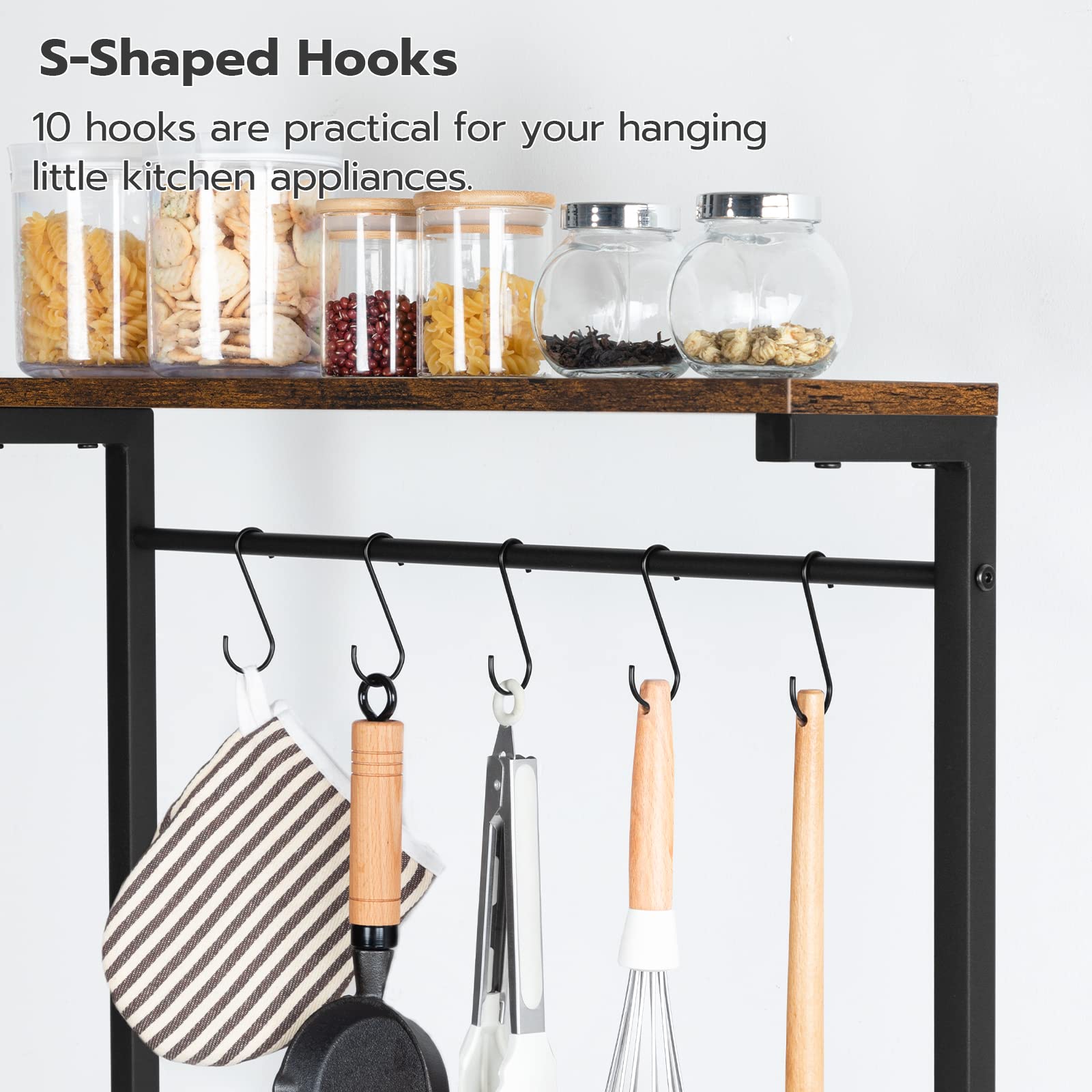 HOOBRO 5-Tier Kitchen Bakers Rack with Power Outlet - Adjustable Coffee Bar & Wine Rack, Microwave Stand with 10 S-Hooks - Rustic Brown Storage Shelf for Kitchen, Dining Room, or Coffee Station - Model BF60UHB01