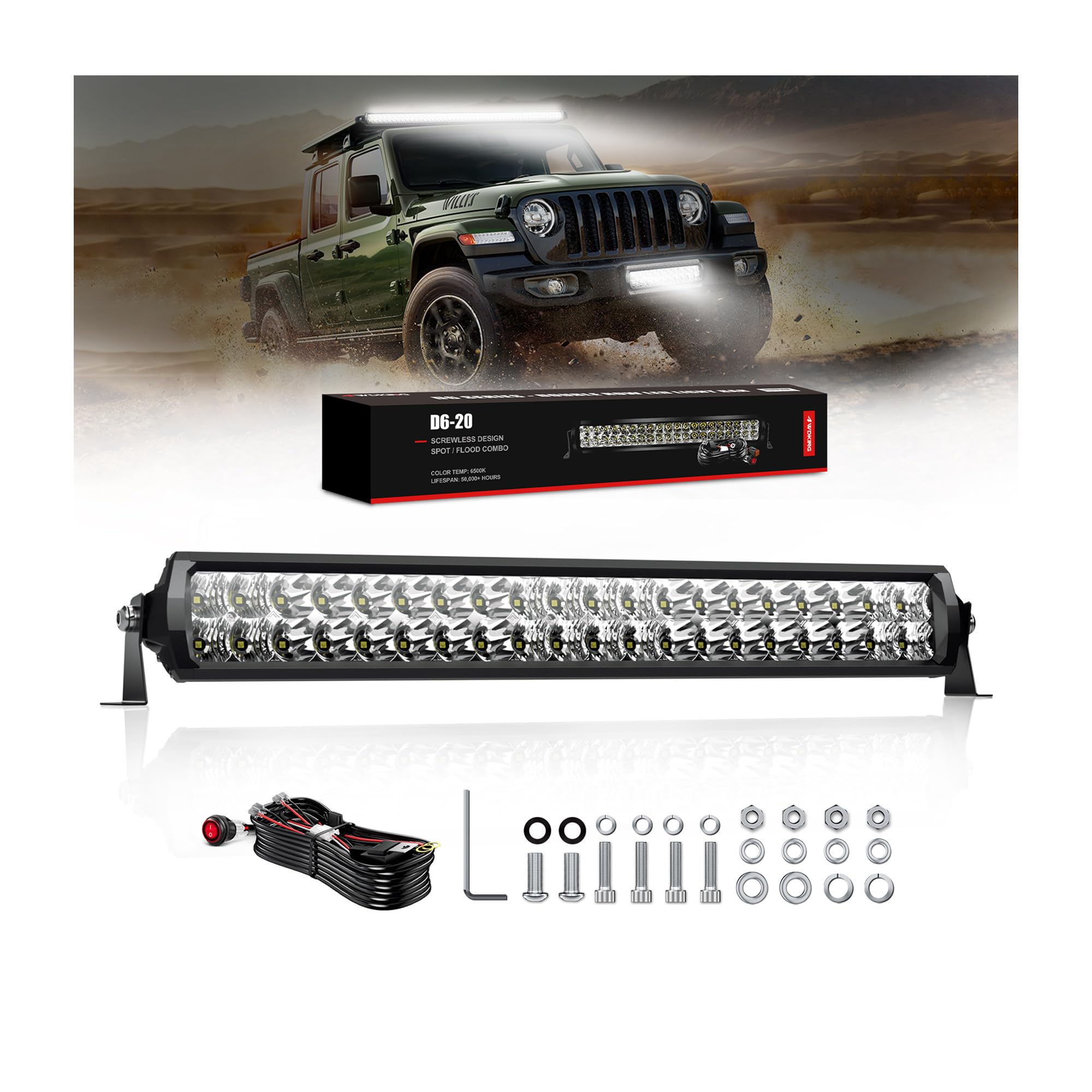 4WDKING 20 Inch LED Light Bar - 200W Dual Row Off-Road Light with Flood & Spot Combo Beam, DT Connector & Wiring Harness Kit - Perfect for Trucks, Cars, ATV, UTV, Boats - Ideal for Night Driving, Off-Roading, Camping & Emergency Lighting