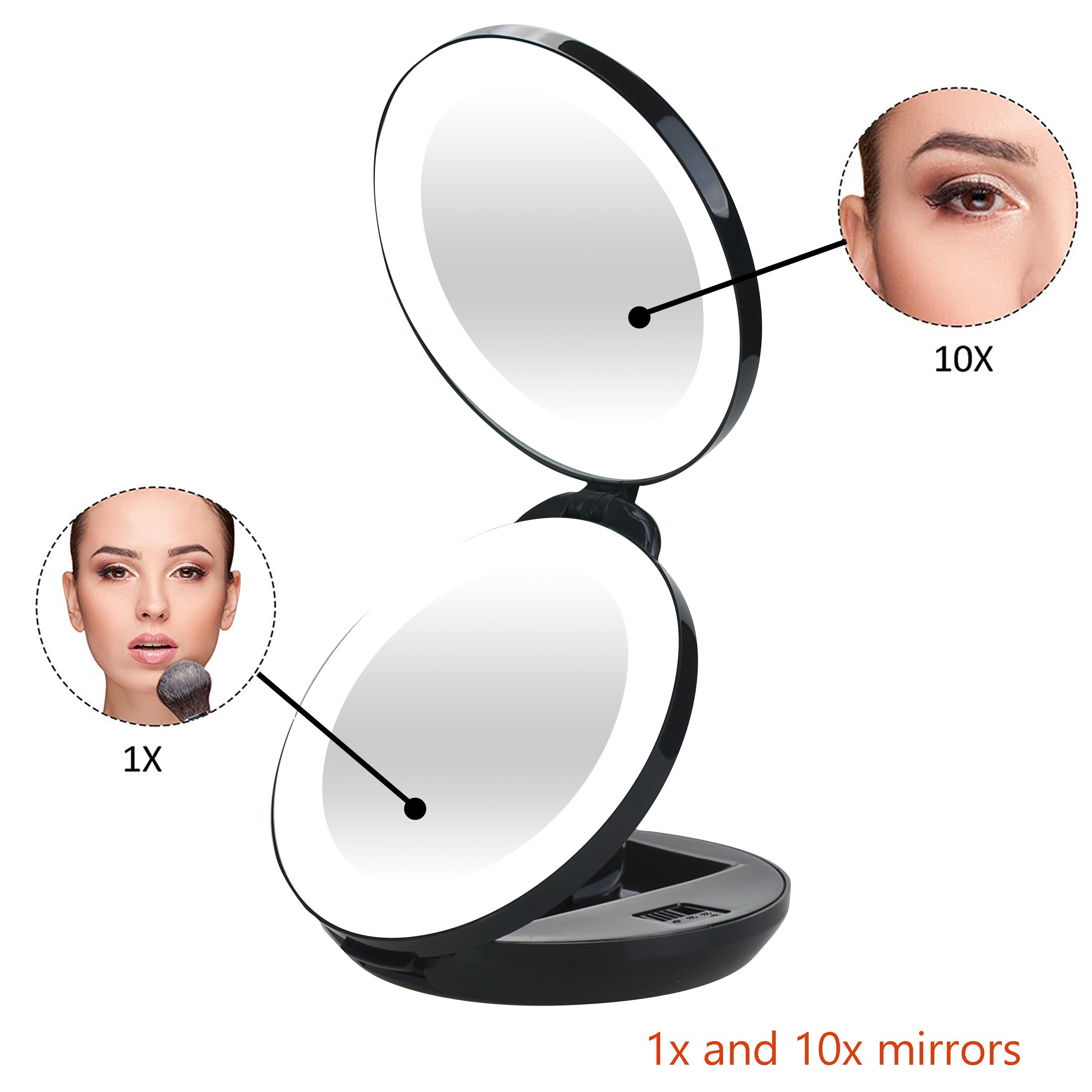 LED Travel Makeup Mirror 10x Magnification - Folding Vanity Mirror for Home & Travel (Black)