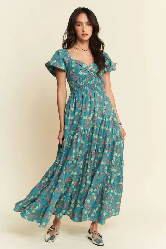 Teal Sweetheart Neck Cap Sleeve Maxi Dress for Women - Elegant Beach Wedding Resort Wear, Perfect for Vacations, Parties & Summer Outings
