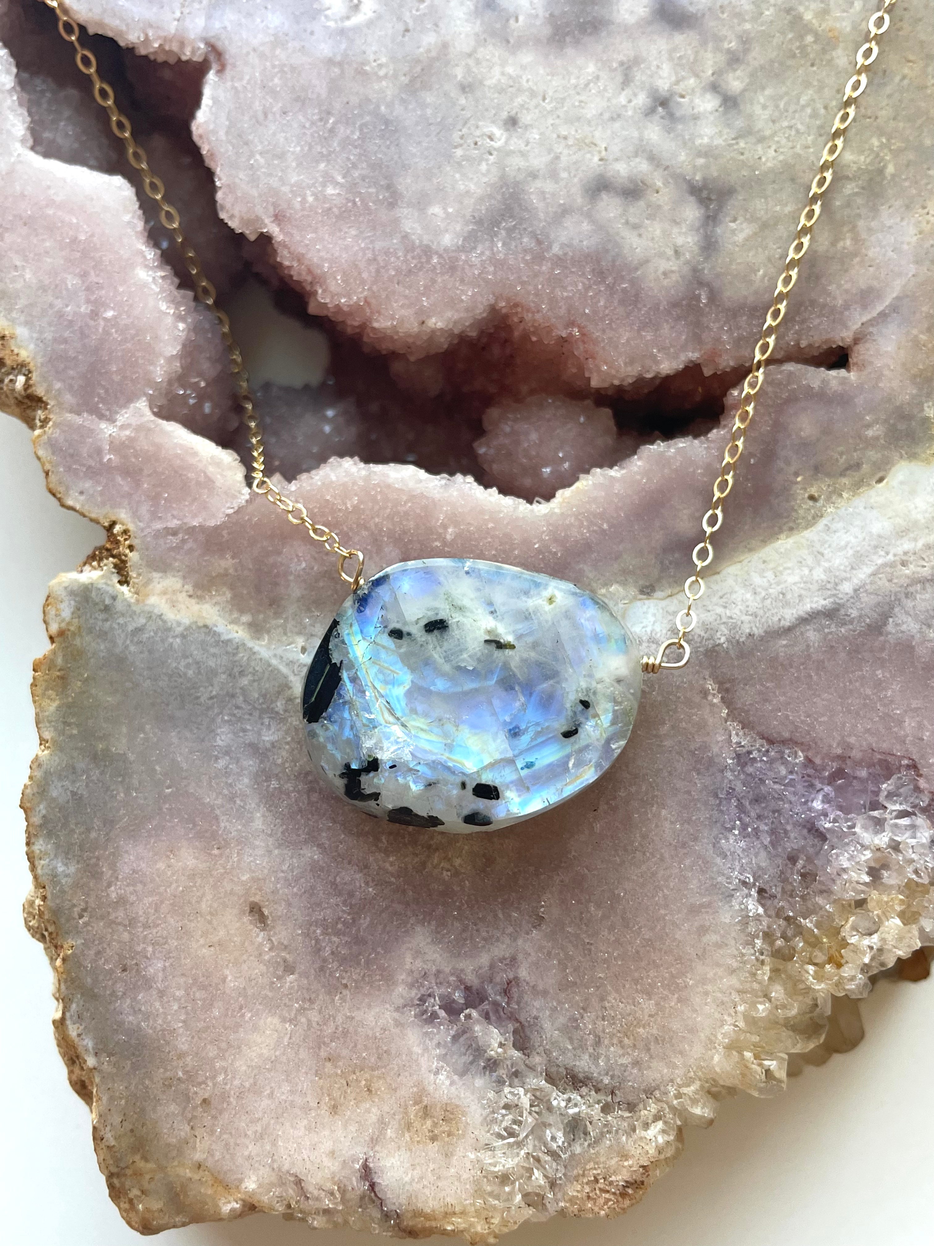 14K Gold Filled Rainbow Moonstone Statement Necklace for Women - Elegant Boho Jewelry for Parties, Weddings & Everyday Wear