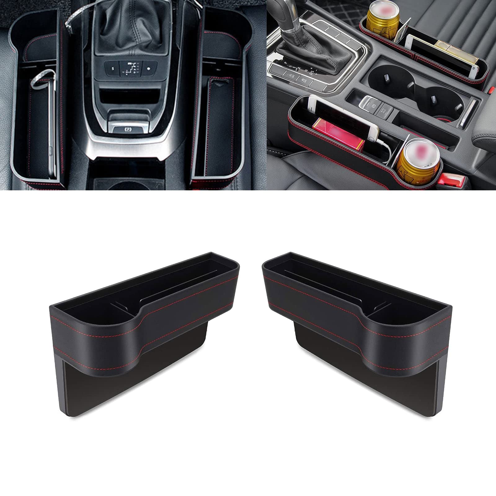 Xotic Tech 2PCS Black Leather Car Seat Gap Organizer - Universal Front Seat Storage Box with Cup Holder for Phones, Keys, Cards & Sunglasses (2.95