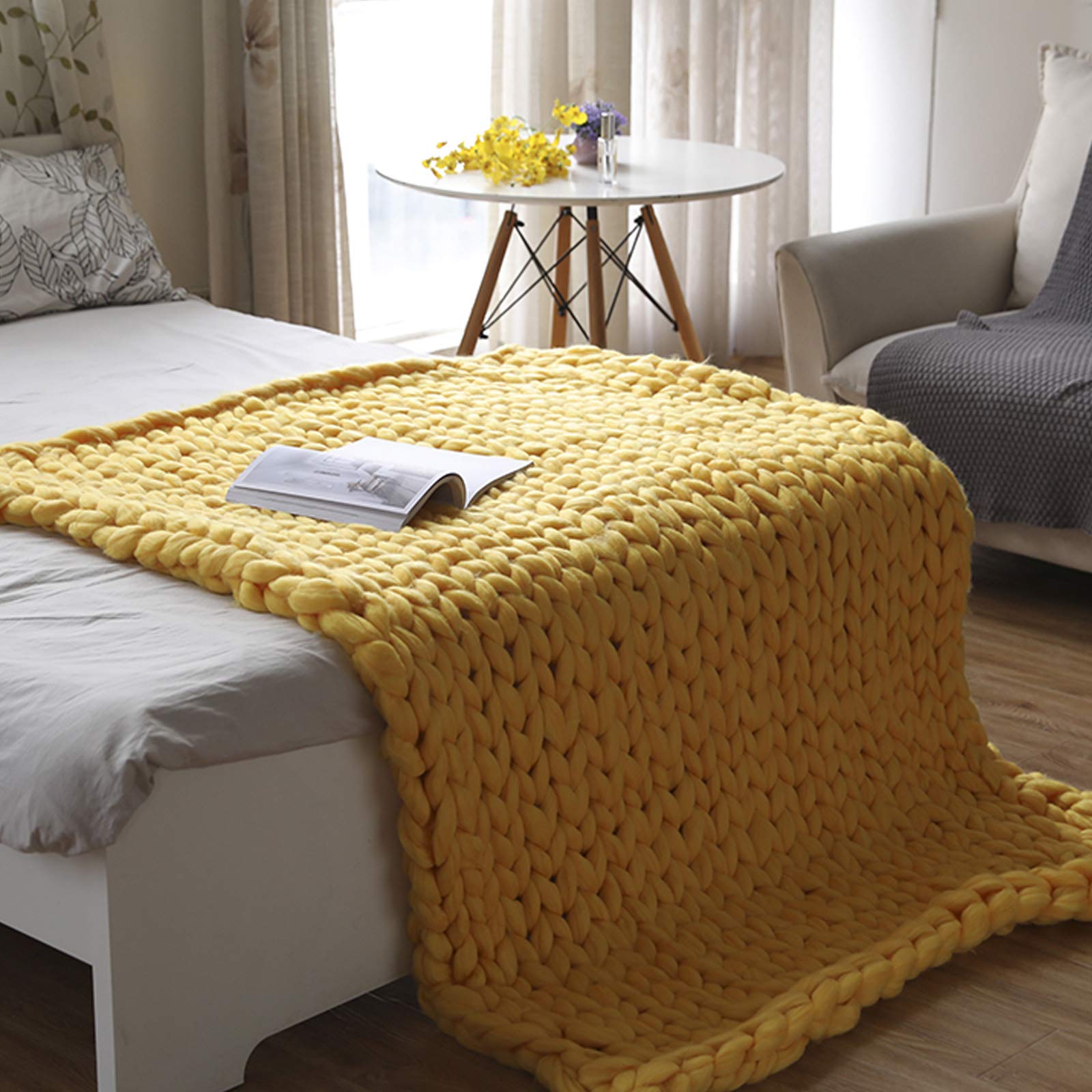 Chunky Knit Blanket - Soft Synthetic Wool Luxury Throw Blanket for Bed, Sofa & Chair - Cozy Handmade Bulky Knitted Blanket in Yellow - 40x40 Inches - Perfect for Home Decor, Winter Snuggling & Gift Giving