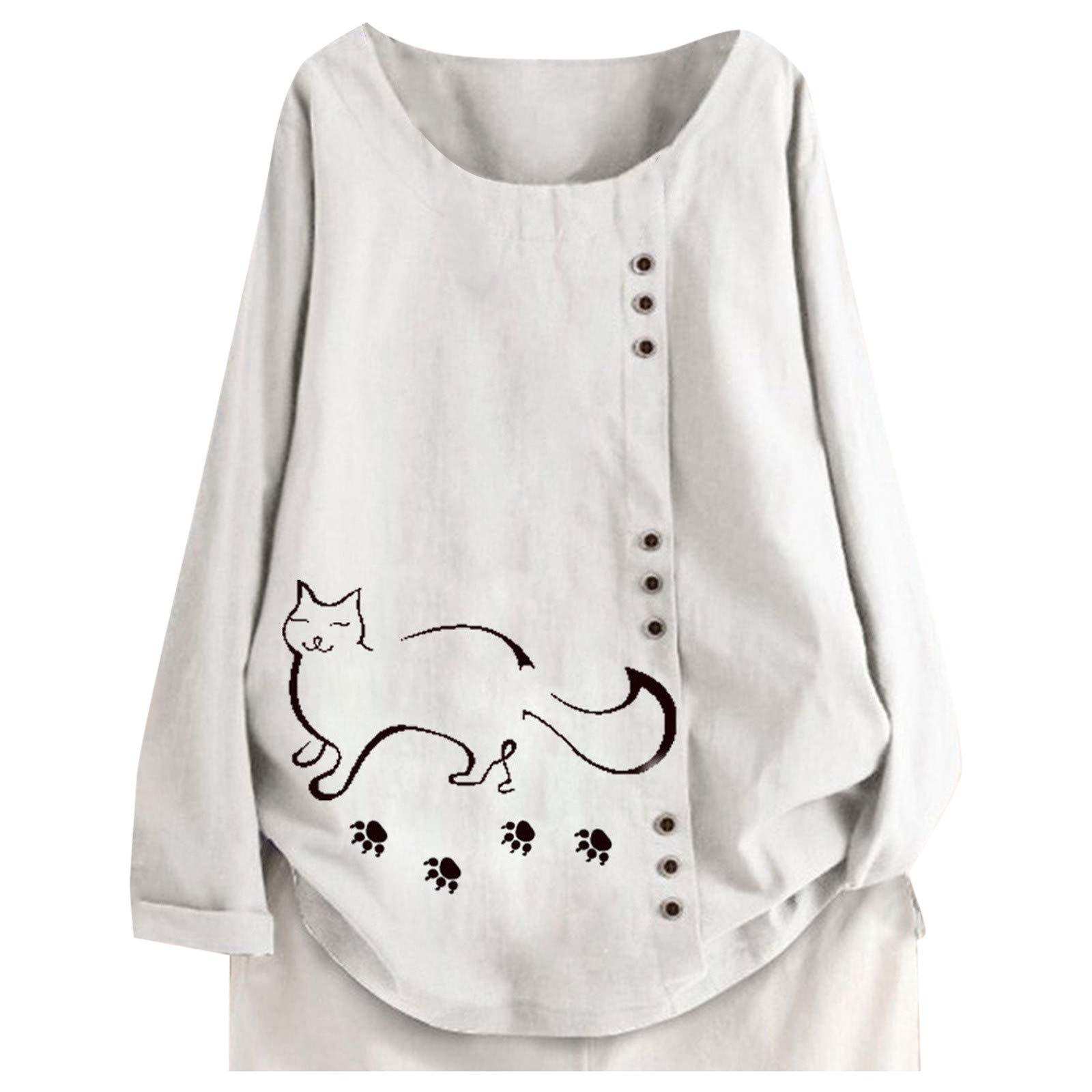 Women's Casual Cat Print Long Sleeve Button-Up Loose T-Shirt & White Tank Top - Cute Cat Lovers Blouse for Everyday Wear, Office Outfits and Weekend Style
