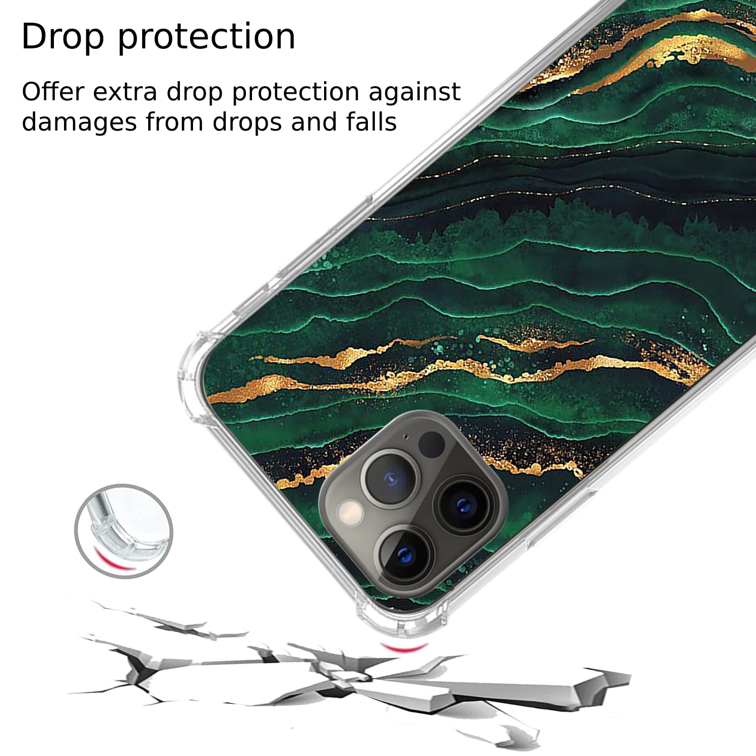 Elegant Green Gold Marble Phone Case for iPhone 13 Pro Max - Trendy Dark Green Marble Design with TPU Bumper Cover - Perfect for Daily Use, Office & Travel Protection