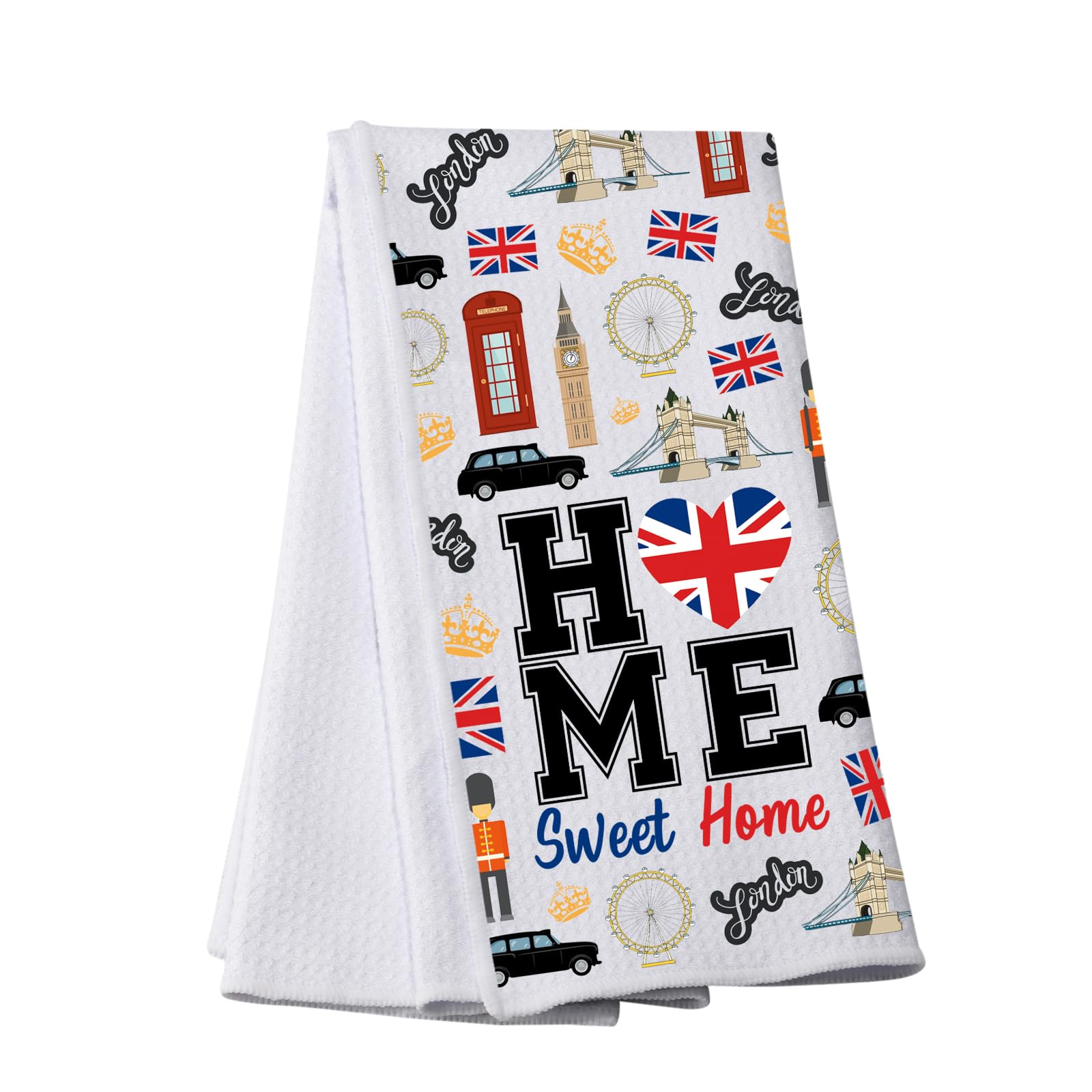 PWHAOO London-Themed Kitchen Towel - Home Sweet Home British Tea Towel with Iconic London Symbols | Perfect Gift for London Lovers & Anglophiles | Ideal for Tea Parties, British-Themed Kitchens & Souvenir Collections