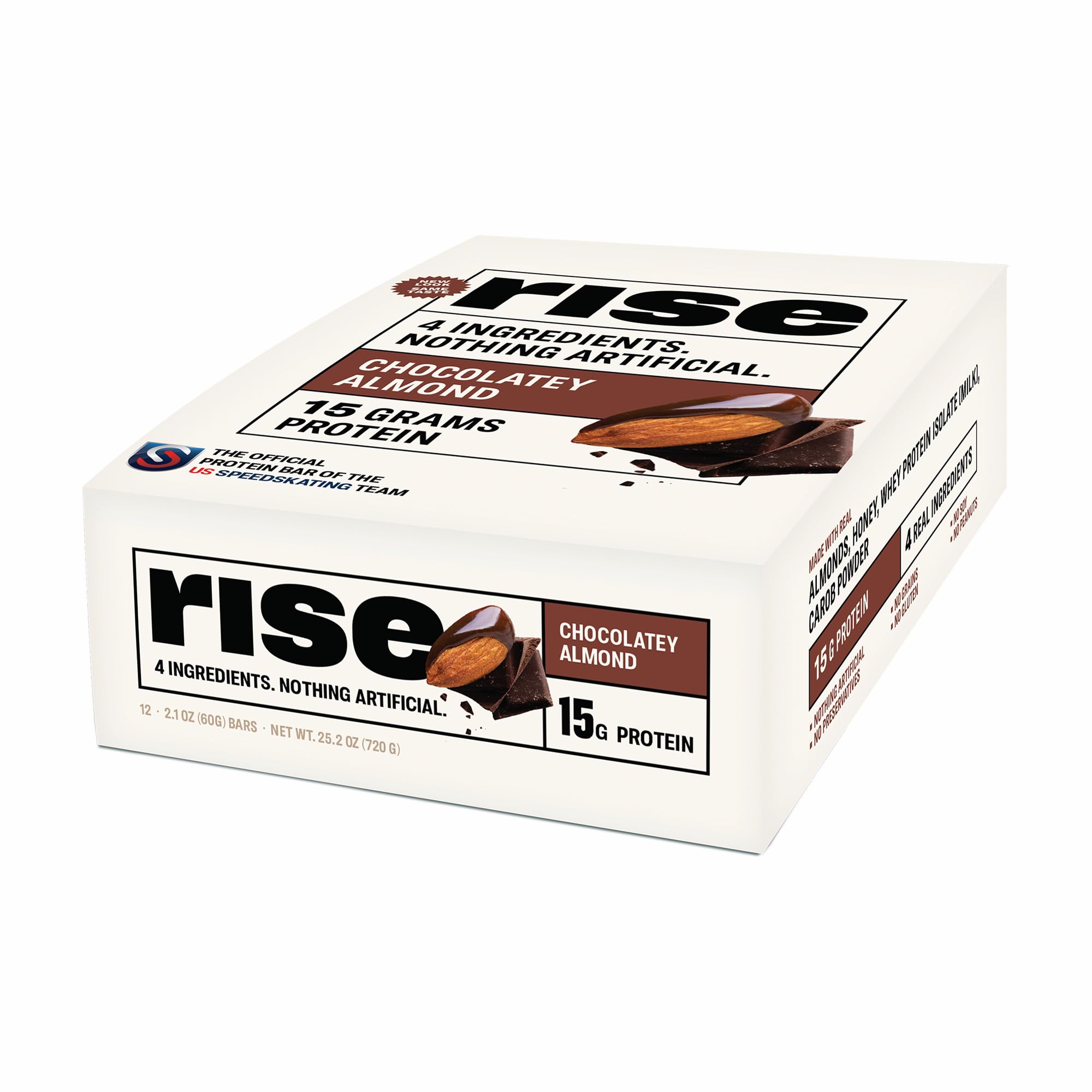 Rise Whey Protein Bars - Chocolate Almond Flavor | High Protein Snack with 15g Protein & 5g Fiber, Gluten-Free, Soy-Free, 4 Whole Food Ingredients | Perfect for Breakfast, Post-Workout & On-the-Go Nutrition