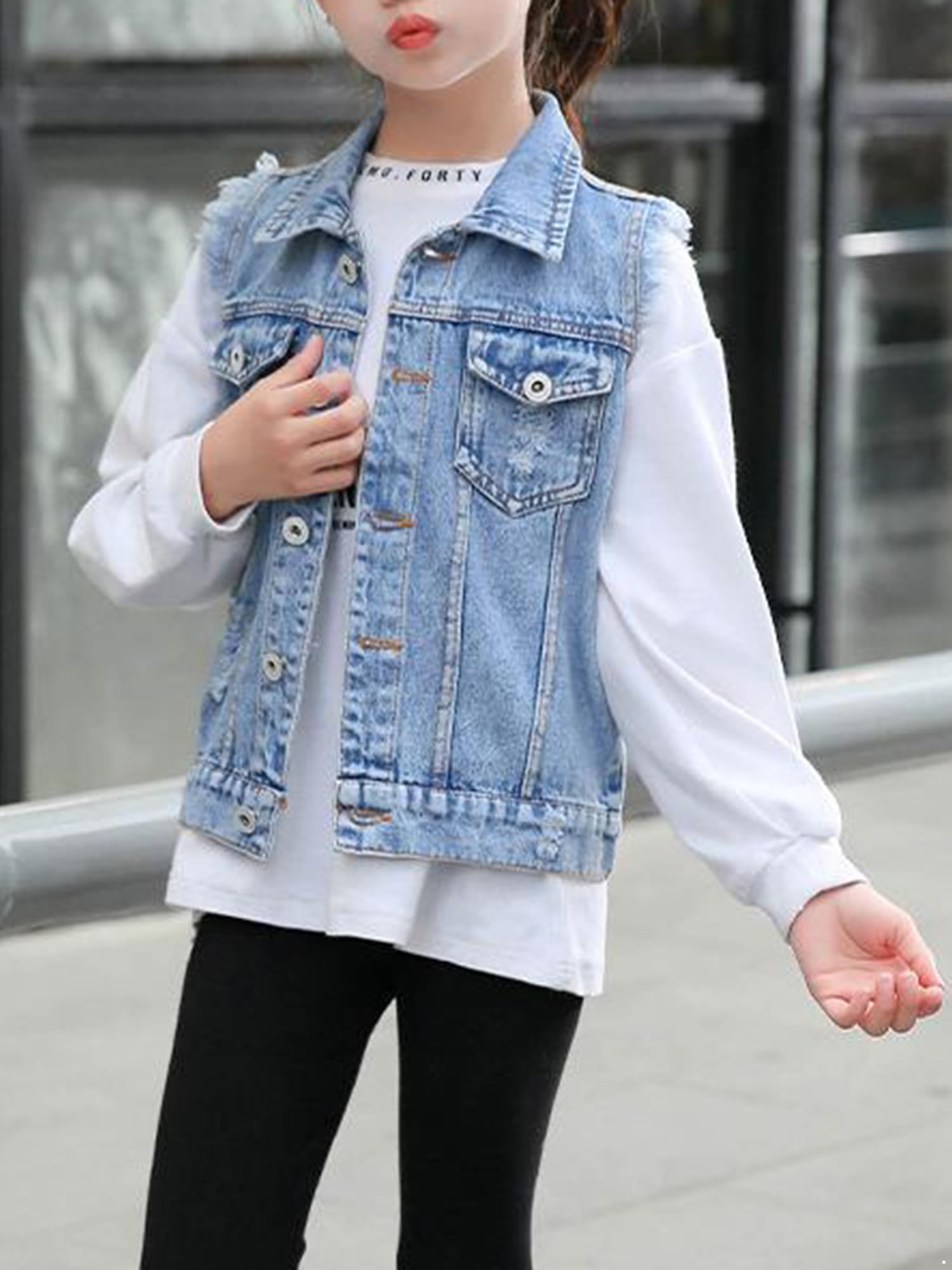 Girls' Distressed Denim Vest Jacket - Casual Cowboy Waistcoat Top for Kids - Stylish Jean Gilet for School & Fashion Outfits - Perfect for Playdates, Parties & Everyday Wear