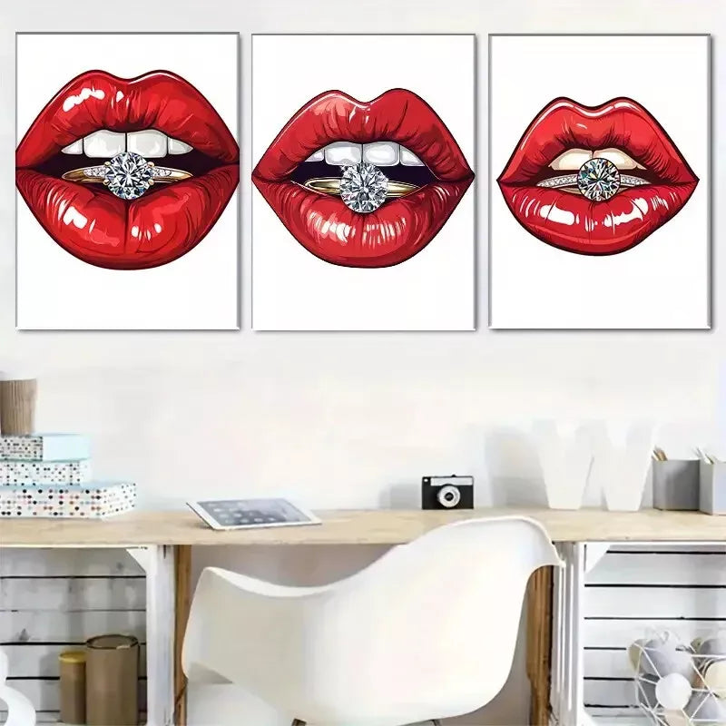 3-Piece Glamorous Red Lips with Diamond Ring Wall Art Set - Framed Canvas 40x60cm (16x24in) - High Quality Print - 100% Australian Made - Ready to Hang - Perfect for Living Room, Bedroom & Office Decor