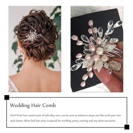 Pearl Bridal Hair Comb - Silver Rhinestone Leaf Hairpiece for Weddings & Special Events