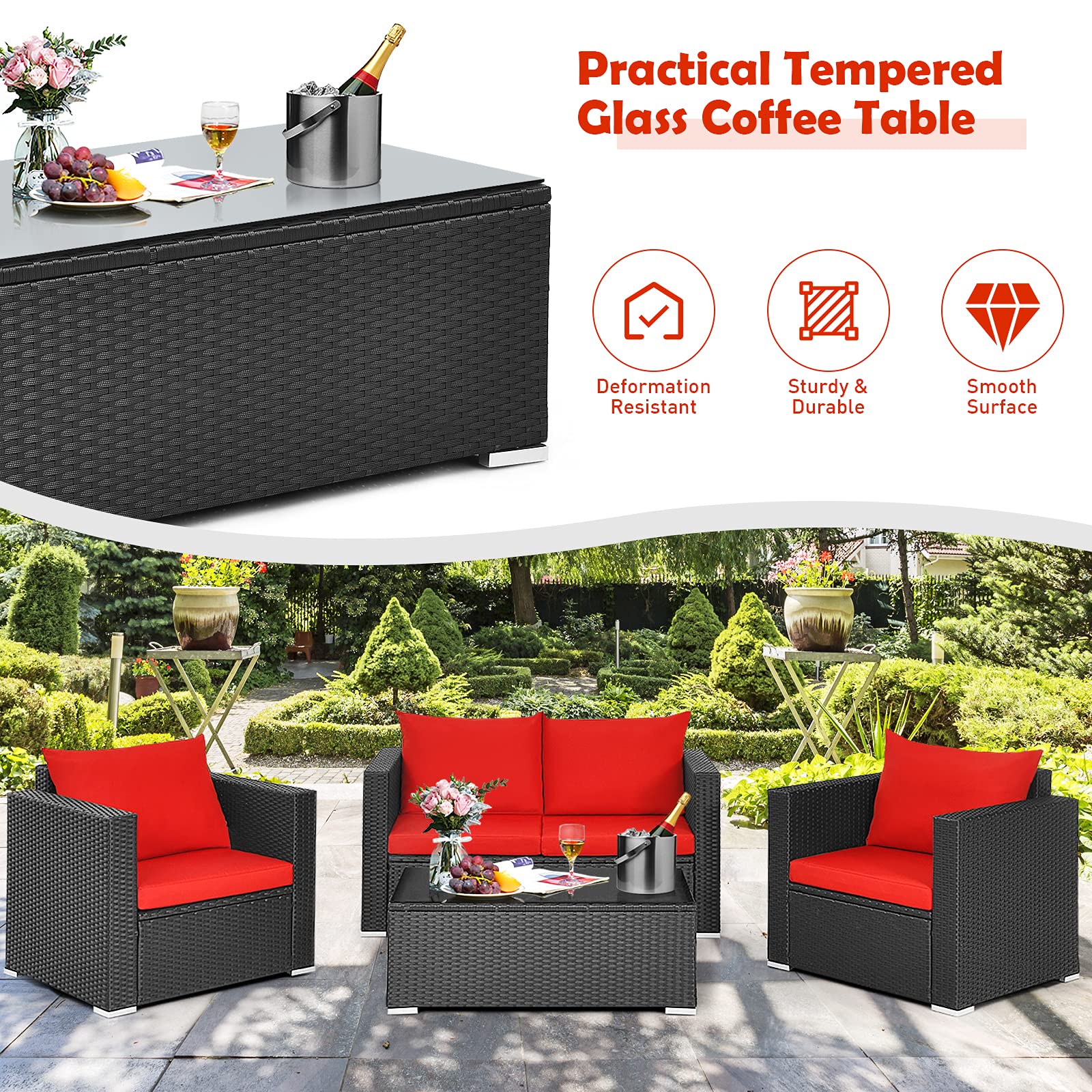 HappyGrill 4-Piece Outdoor Patio Conversation Set - Rattan Wicker Sofa with Tempered Glass Table & Removable Cushions - Garden, Backyard, Poolside Furniture for Relaxing and Entertaining