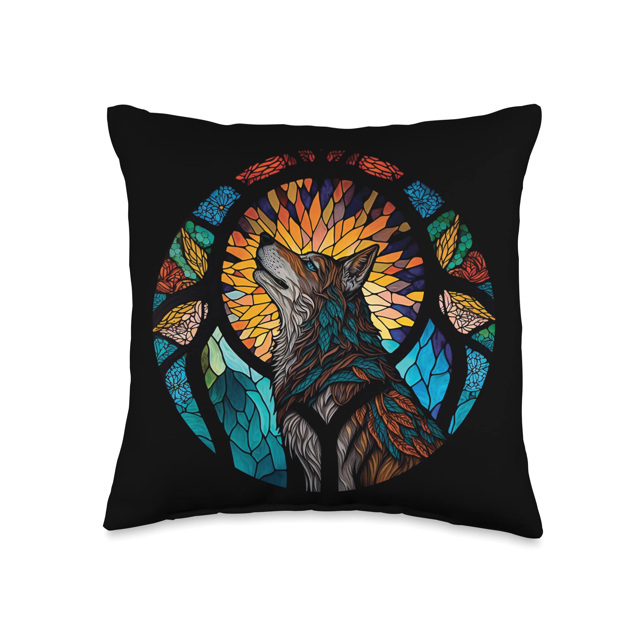 Stained Glass Wolf Throw Pillow - Moon Howling Art for Home Decor