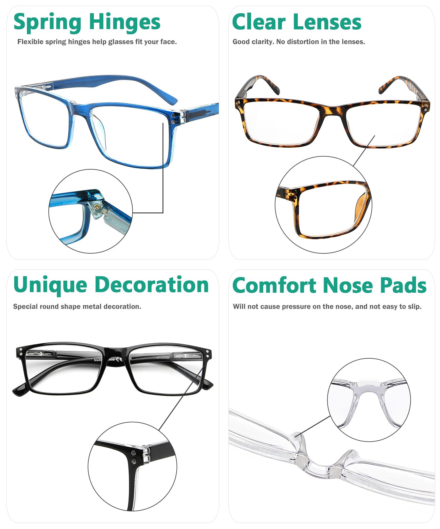Eyekepper 5-Pack Stylish Reading Glasses with Spring Hinges - Blue Light Blocking Computer Glasses +0.75 for Men & Women - Perfect for Office, Reading, and Screen Time