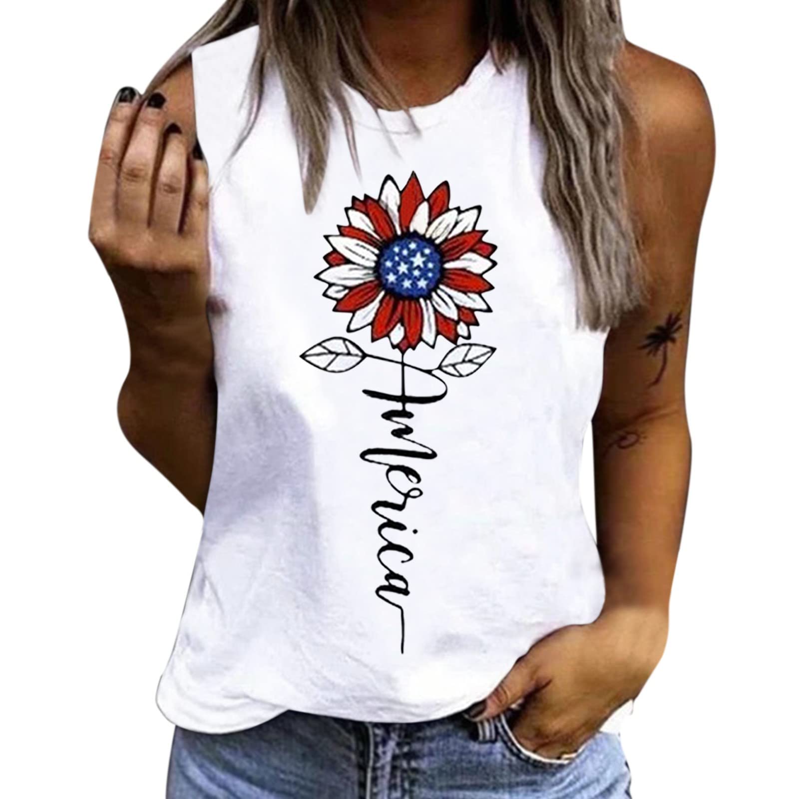 BEUU Women's Floral Print Sleeveless Crew Neck T-Shirt - Patriotic Vest Top for 4th of July, Summer Casual Wear | Perfect for BBQ Parties, Beach Outings & Independence Day Celebrations