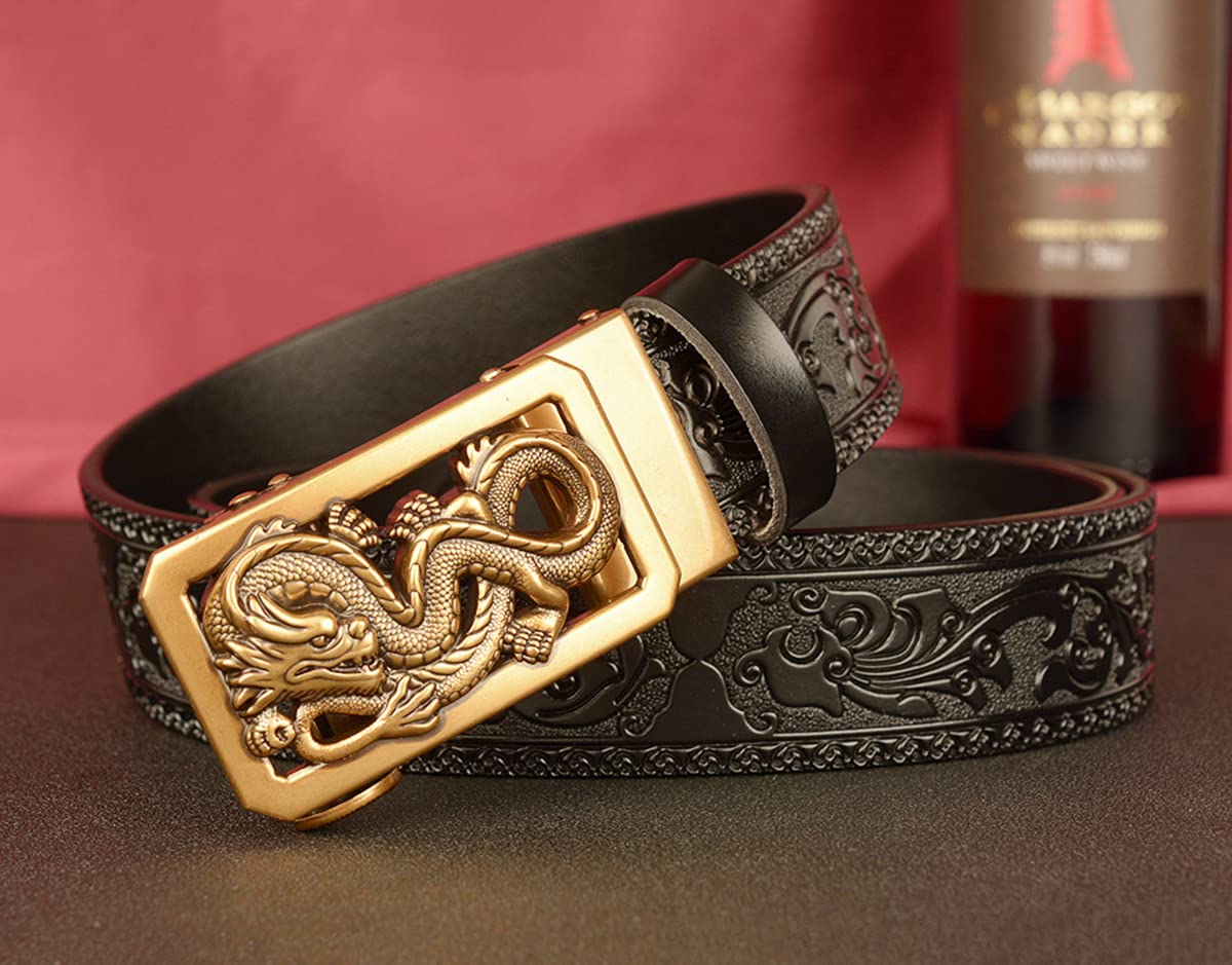 Men's Dragon Carved Leather Belt - Retro Ethnic Style Automatic Ratchet Buckle - 130CM Black Dress Belt for Business Casual Wear - Perfect for Office, Parties & Formal Events