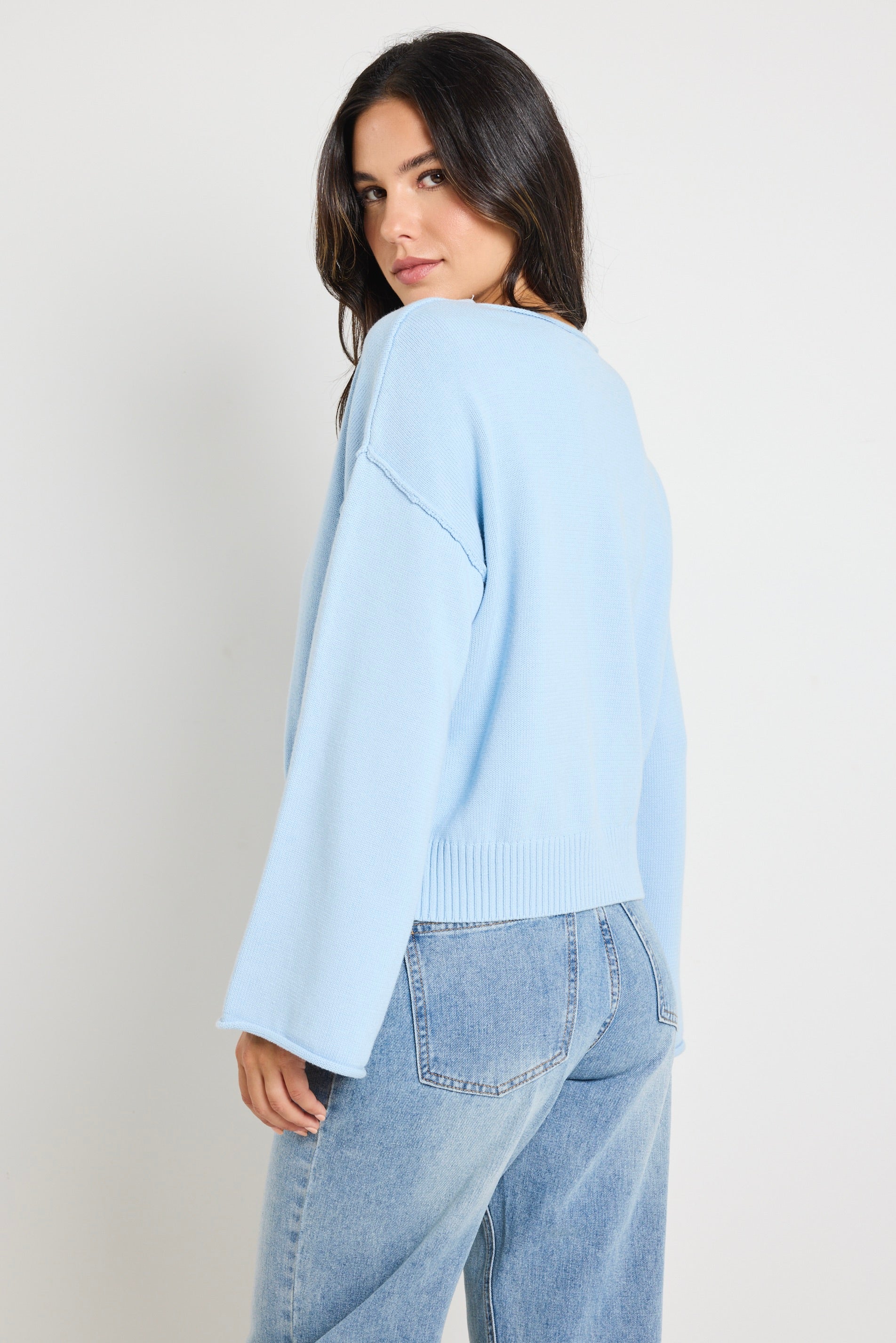 Daytime Ice Blue Long Sleeve Cotton Jumper for Women - Soft & Comfortable Casual Wear for Office, Travel & Everyday Outfits