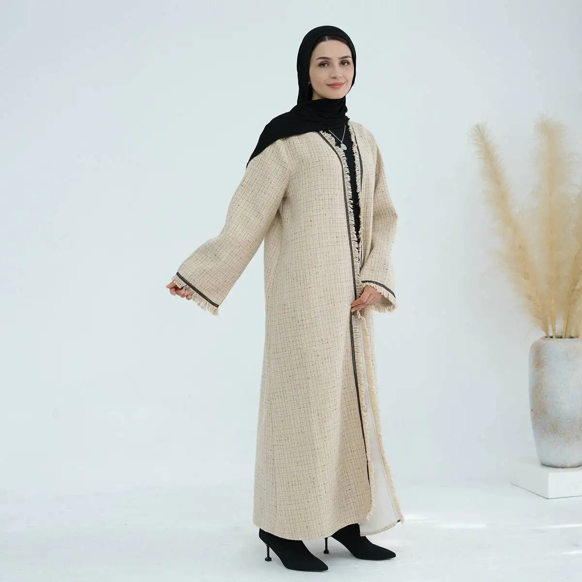 Winter Fall Thick Tassel Tweed Cardigan Open Abaya Coat - Women's Fashion Outerwear for Cold Weather, Layering & Modest Style