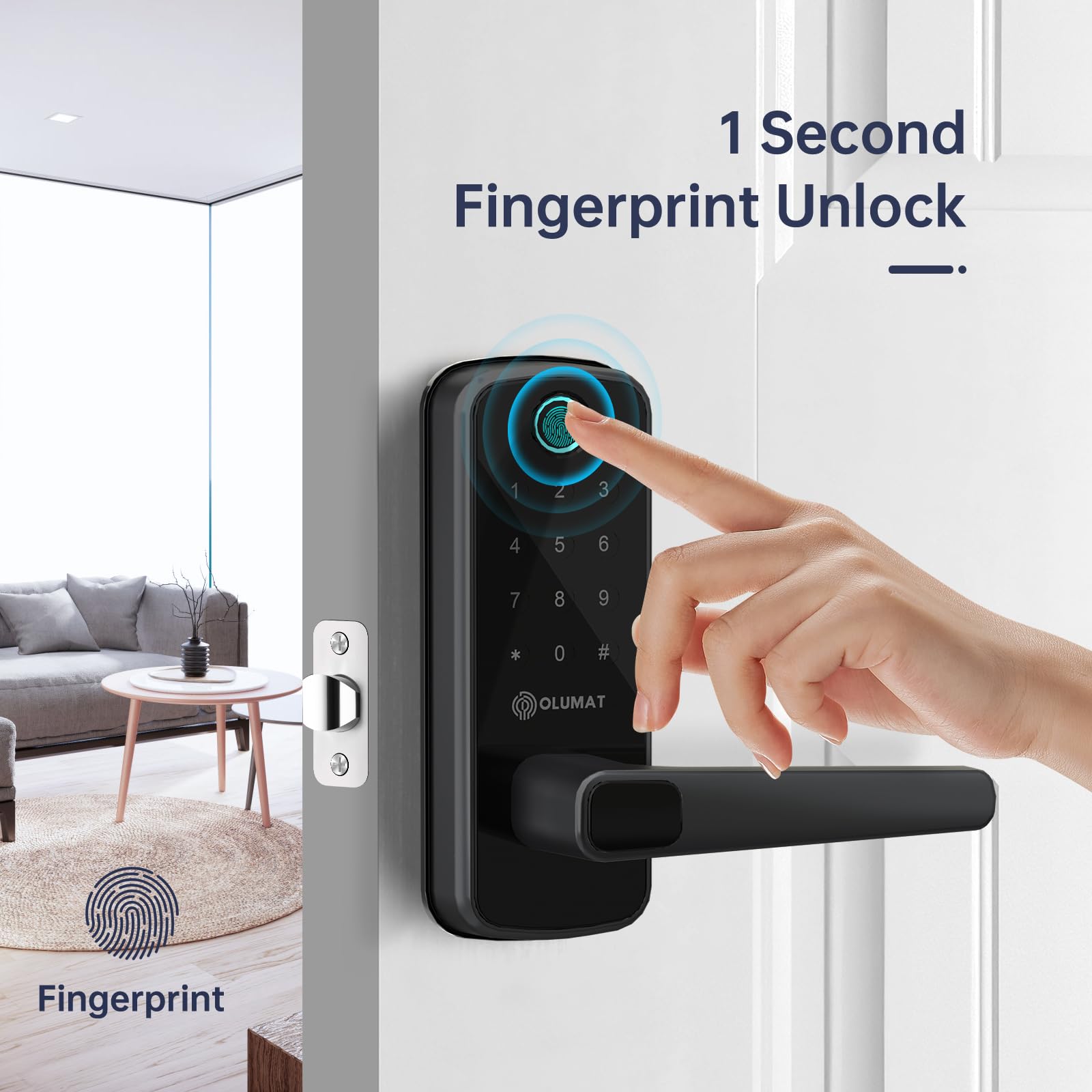 Smart Door Lock with Handle - Keyless Entry Fingerprint & Keypad Door Lock - WiFi & APP Control - Easy Installation - Gateway Included - Secure Front Door for Home & Office Use