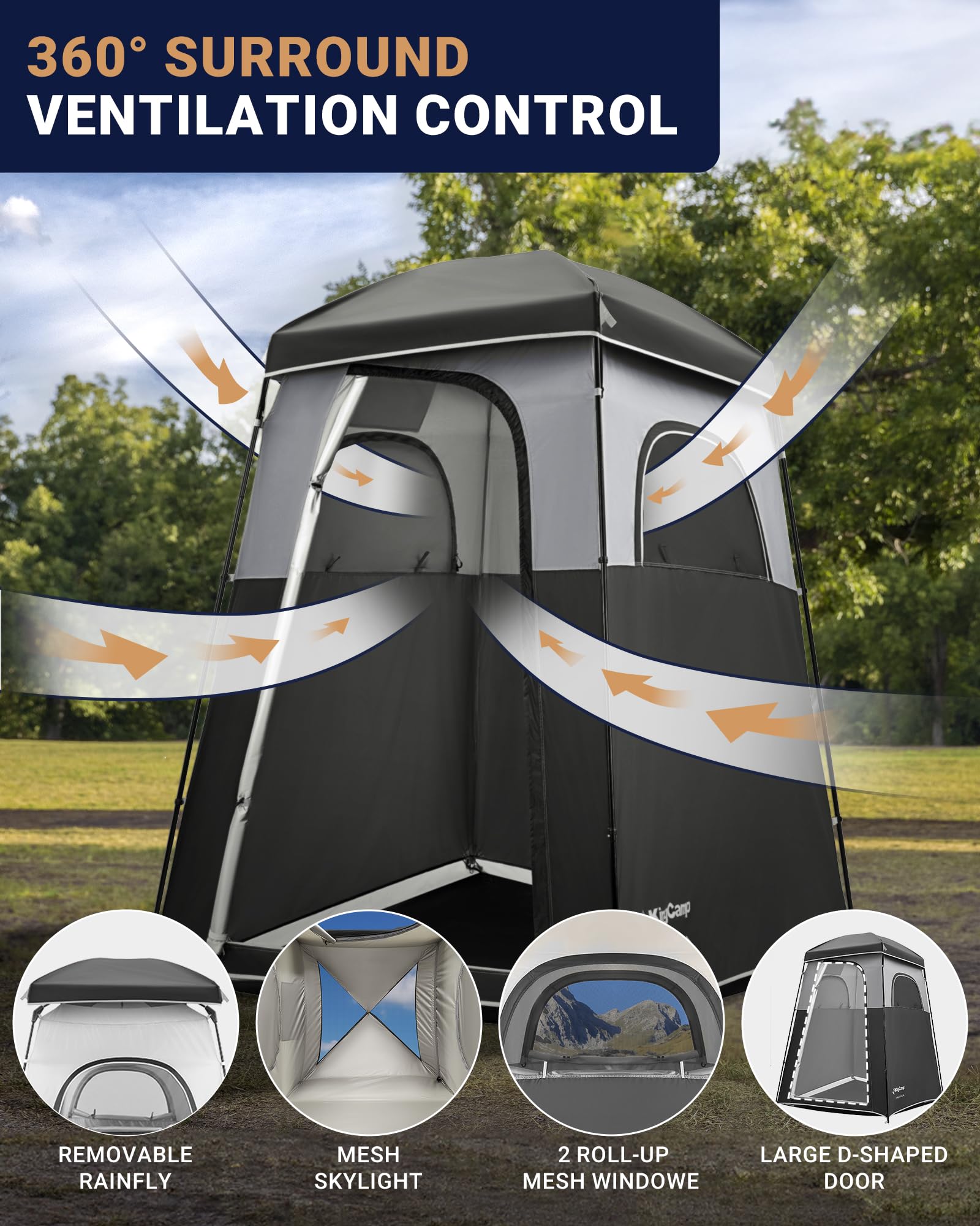 KingCamp Luxury Camping Shower Tent with Portable Shower Bag - 1 Room & 2 Room Privacy Shelter Toilet Tent for Outdoor Adventures, Beach Trips & RV Camping