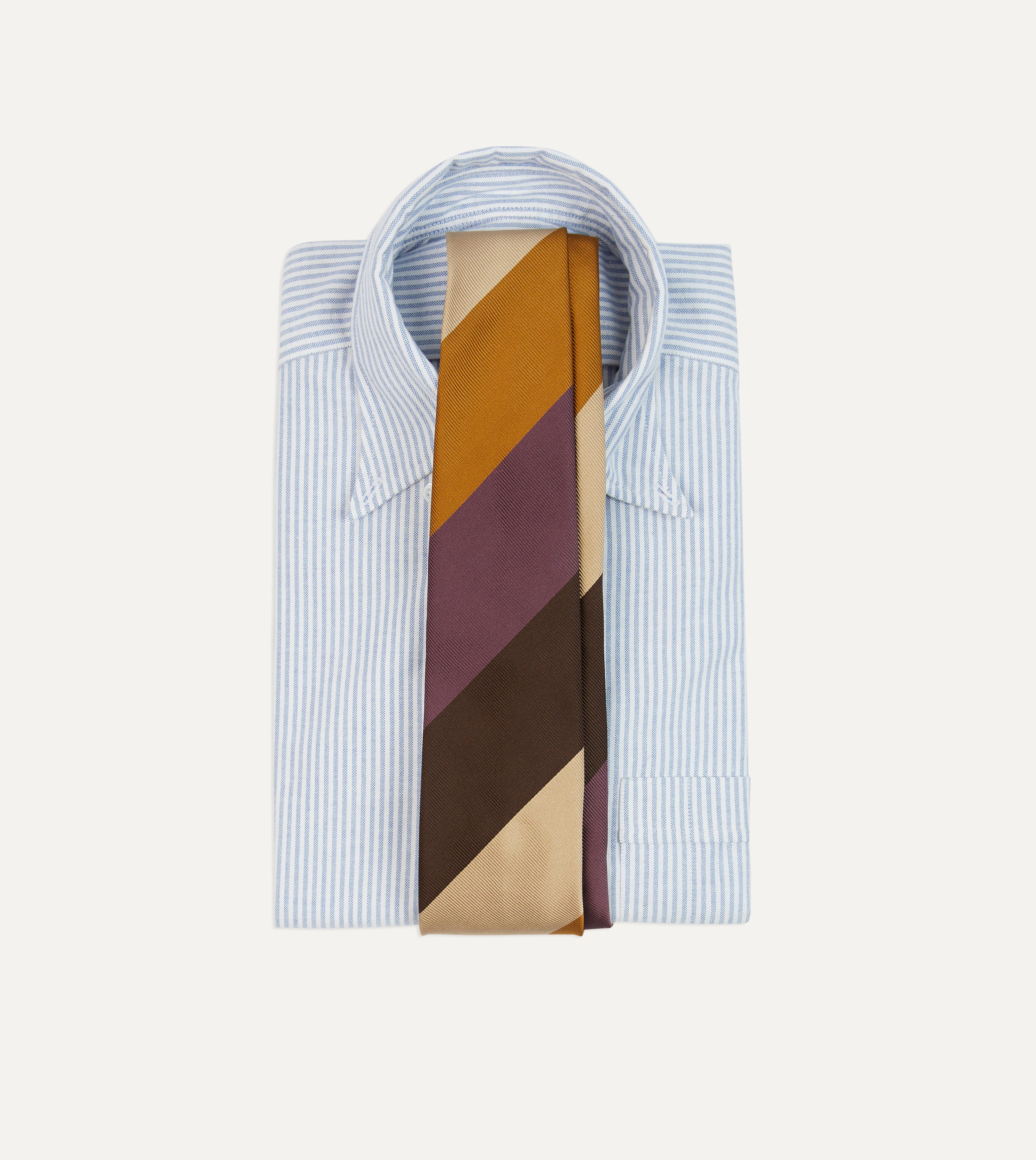 Purple, Brown & Cream Wide Stripe Repp Silk Cotton Tipped Necktie for Men - Elegant Business & Formal Occasion Wear