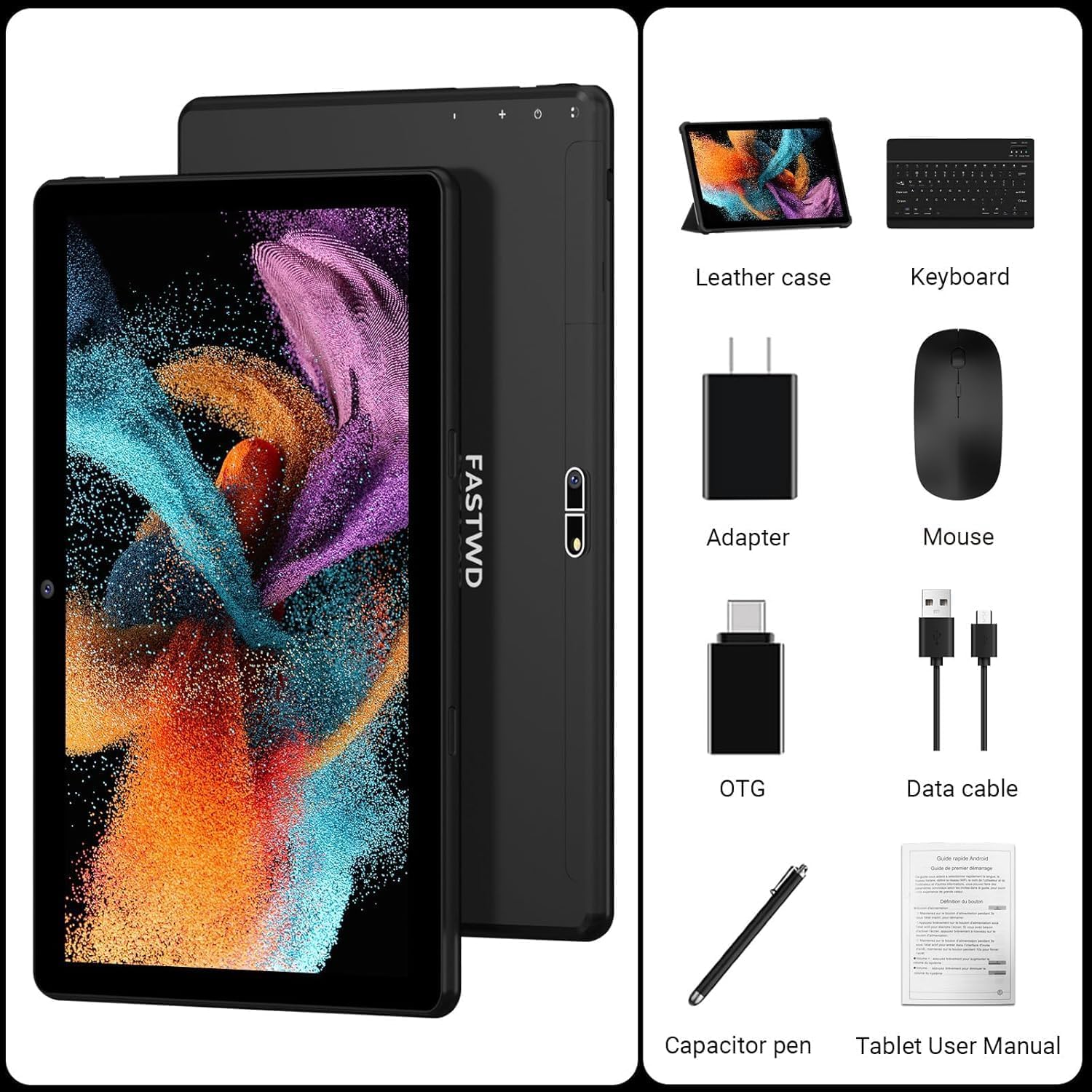 FASTWD 10 Inch Android 14 Tablet (2025 Model) - 5G WiFi, 36GB RAM + 128GB ROM, 8000mAh Battery, Face ID, 2-in-1 Tablet with Keyboard - Black | Perfect for Work, Study & Entertainment