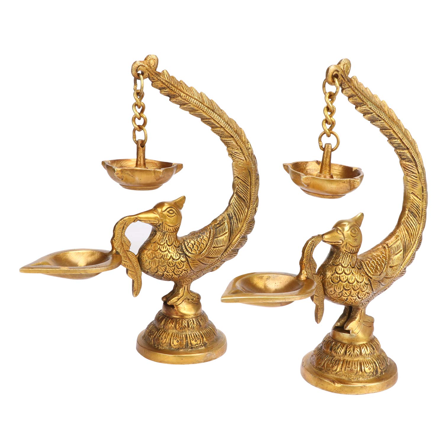 AmiLuv Collections Brass Peacock Bird Design Diya Pair Stand Holder - Gold Traditional Indian Candle Holders (2 Pieces) - Perfect for Diwali, Wedding Decor, Pooja Rituals & Home Decoration
