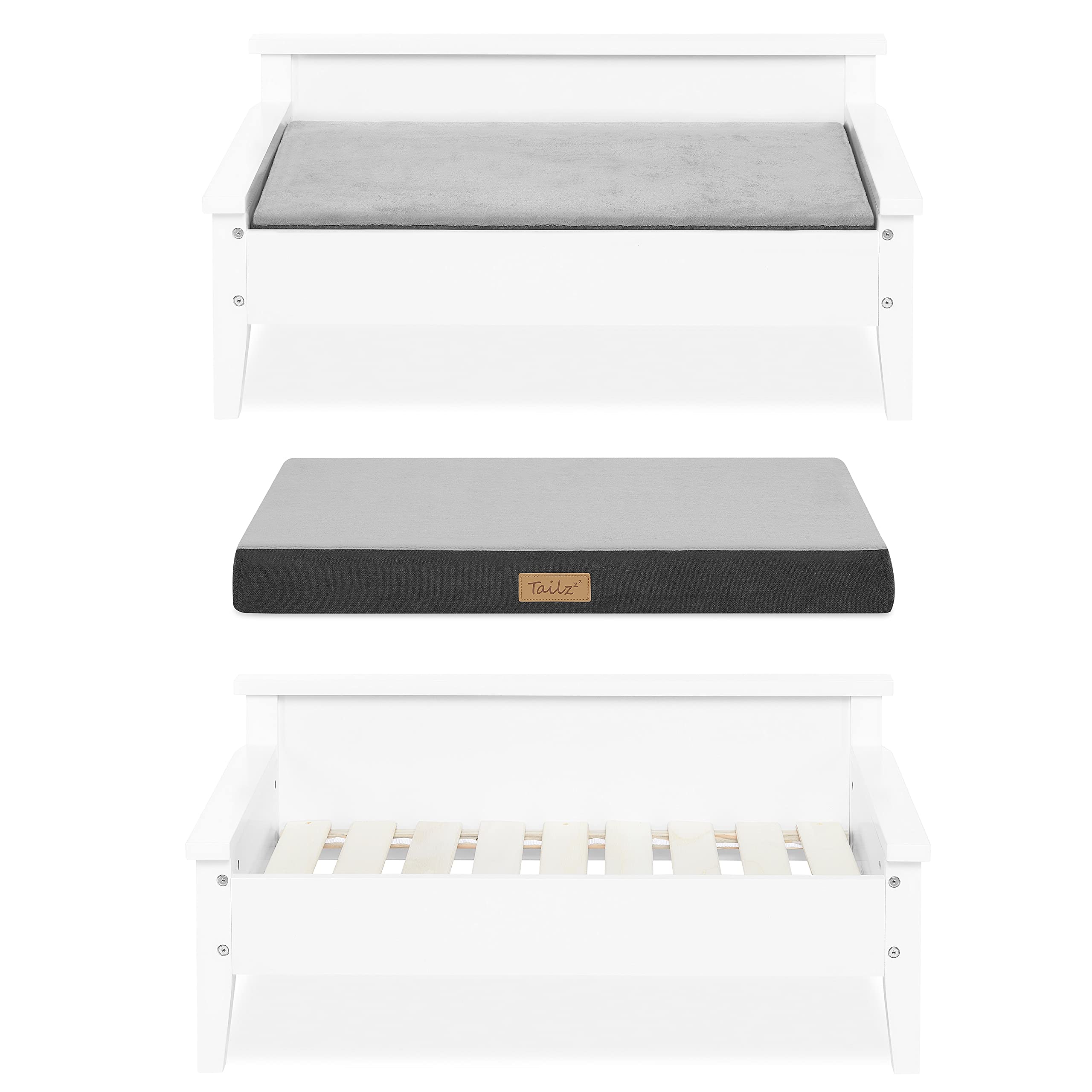 Elevated Wooden Dog Bed for Small to Medium Pets - Water-Resistant Calming Mattress, Greenguard Gold Certified Modern Dog Couch (Winston, White) - Perfect for Indoor Use in Living Room or Bedroom