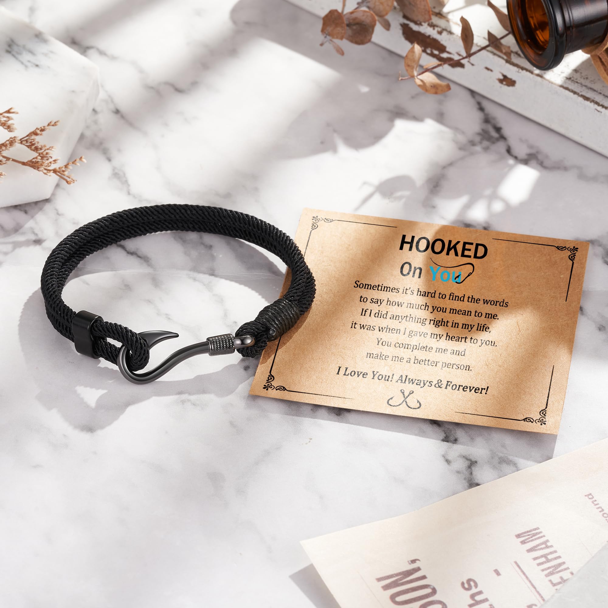 Fish Hook Bracelet for Men - Hooked on You Jewelry Gift for Husband, Boyfriend - Christmas, Anniversary, Valentine's Day, Birthday Present - Perfect for Fishing Enthusiasts & Outdoor Lovers