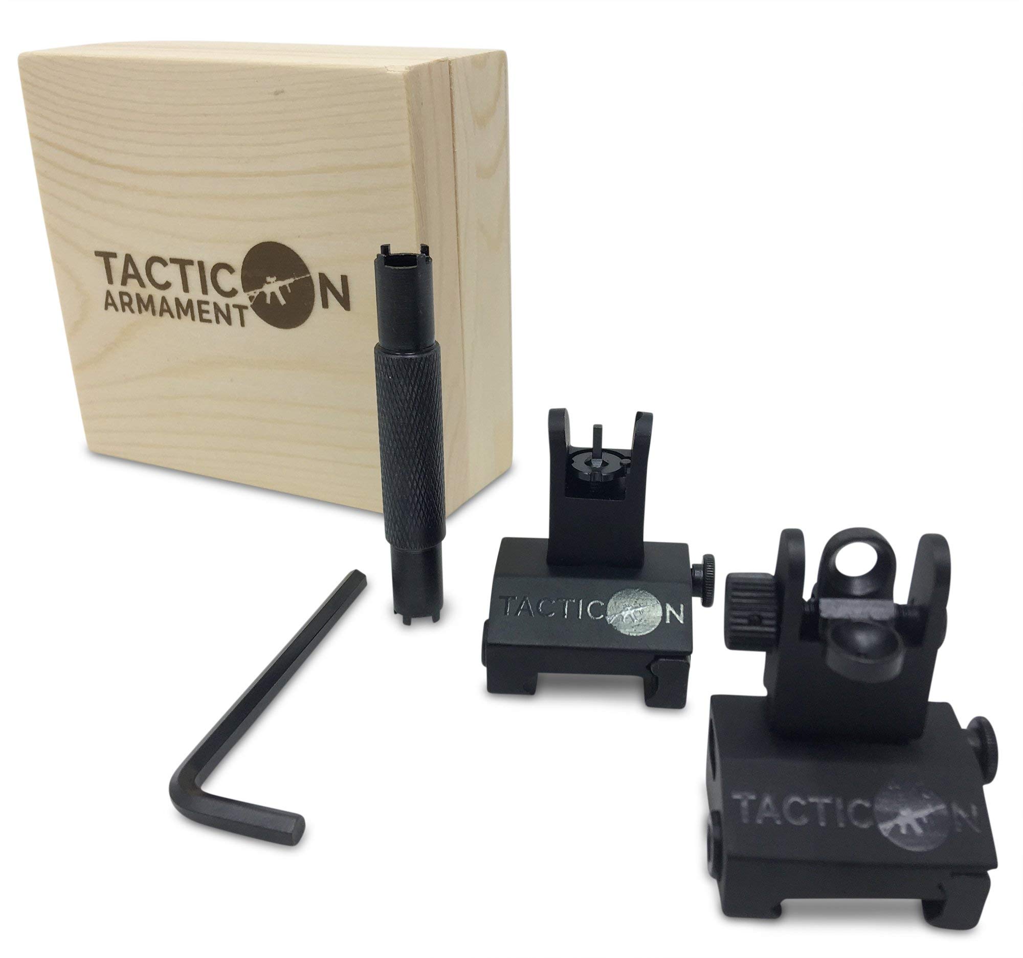 Tacticon Armament Flip Up Iron Sights for Rifle - Front & Rear BUIS Set with Picatinny/Weaver Rail & Adjustment Tool | Fast Target Acquisition for Tactical Shooting, Hunting & Range Practice