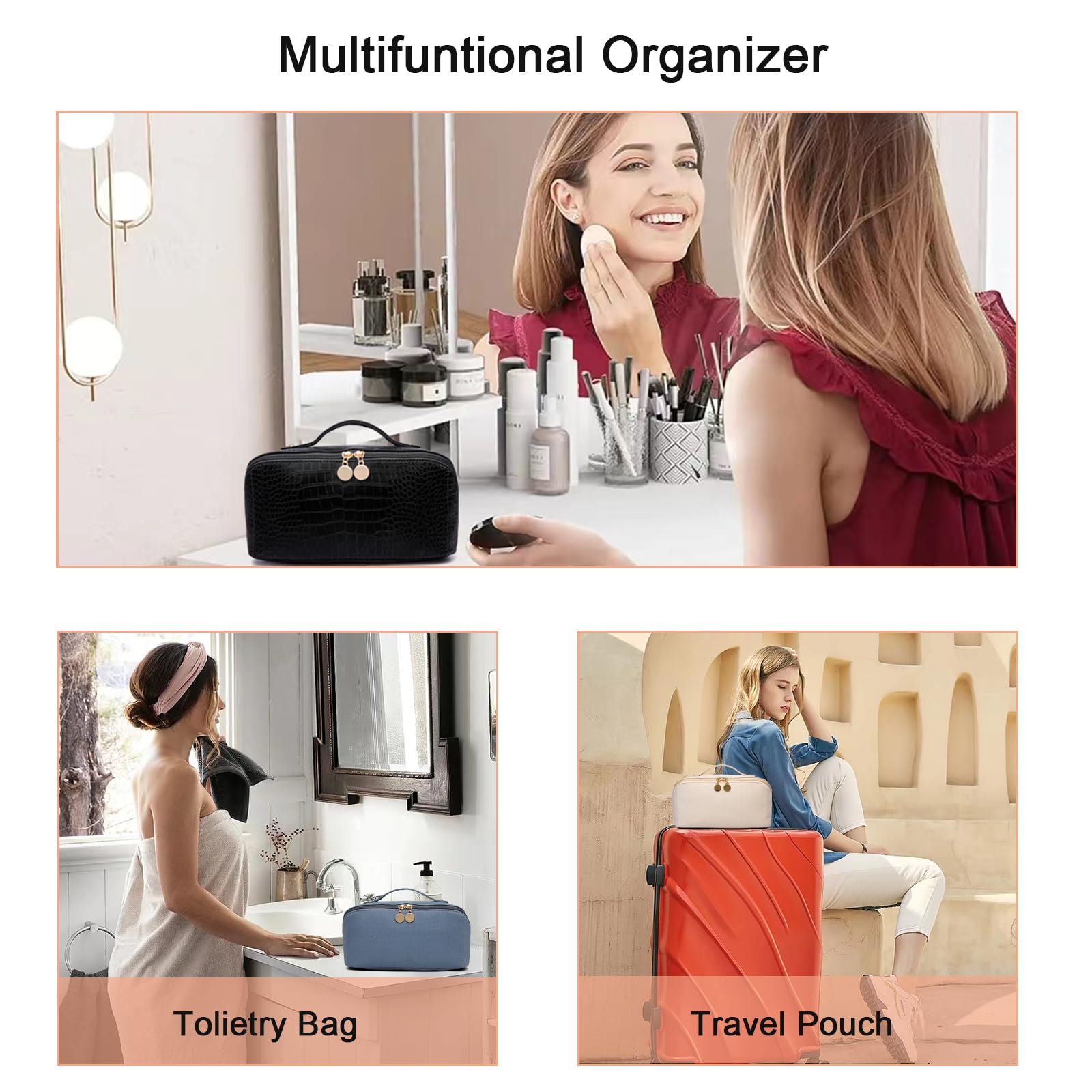 Large Waterproof Leather Makeup Bag for Women - Travel Cosmetic Organizer with Roomy Capacity, Portable Toiletry Bag for Girls | Perfect for Vacation, Gym & Daily Use