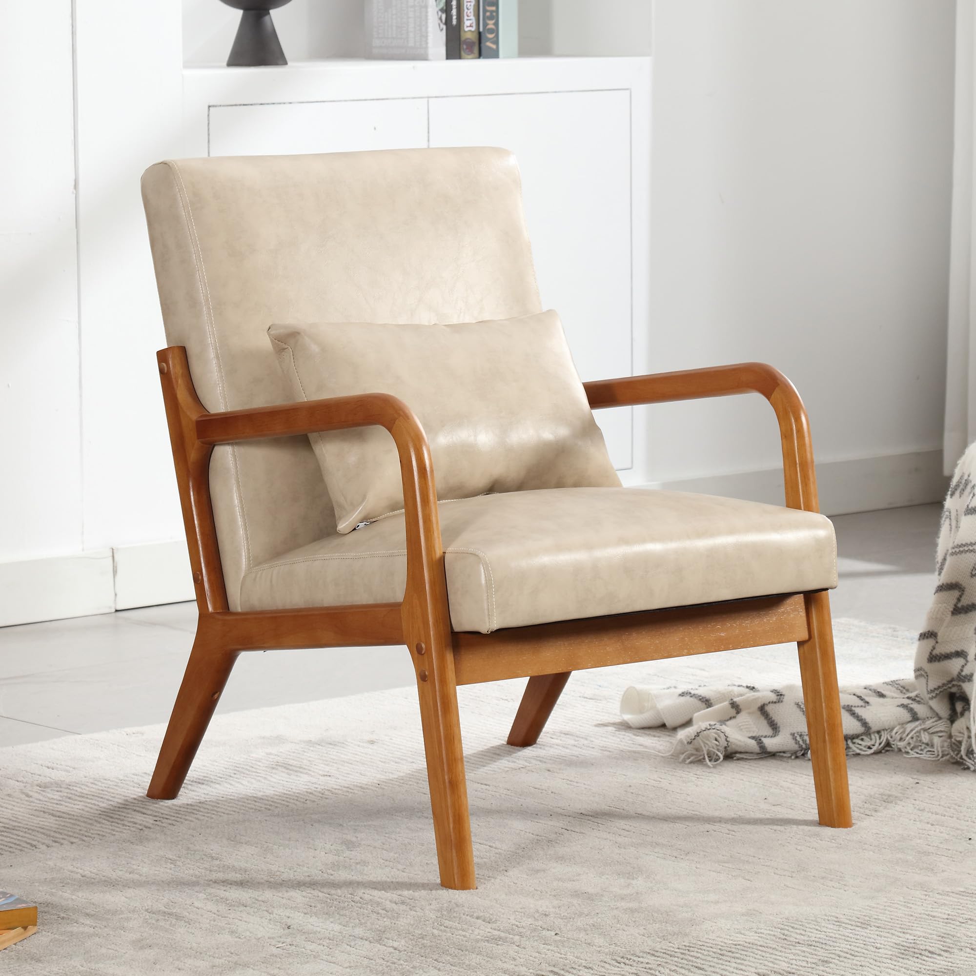 Mid-Century Modern Wooden Armchair with Padded Backrest & Seat Cushion - Comfortable Accent Chair for Living Room, Study or Apartment - Perfect Reading Chair & Lounge Seating (Khaki) - Ideal for Home Office, Coffee Nook & Cozy Corners