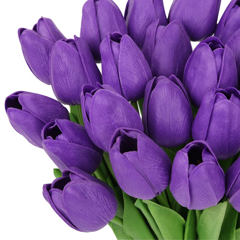 IPOPU 24PCS Real Touch Artificial Tulip Flowers - Lifelike Purple Faux Tulips for Home Decor, Wedding Centerpieces, Baby Shower Arrangements & Table Decoration | Perfect for Living Room, Dining Table, Office Desk and Special Events