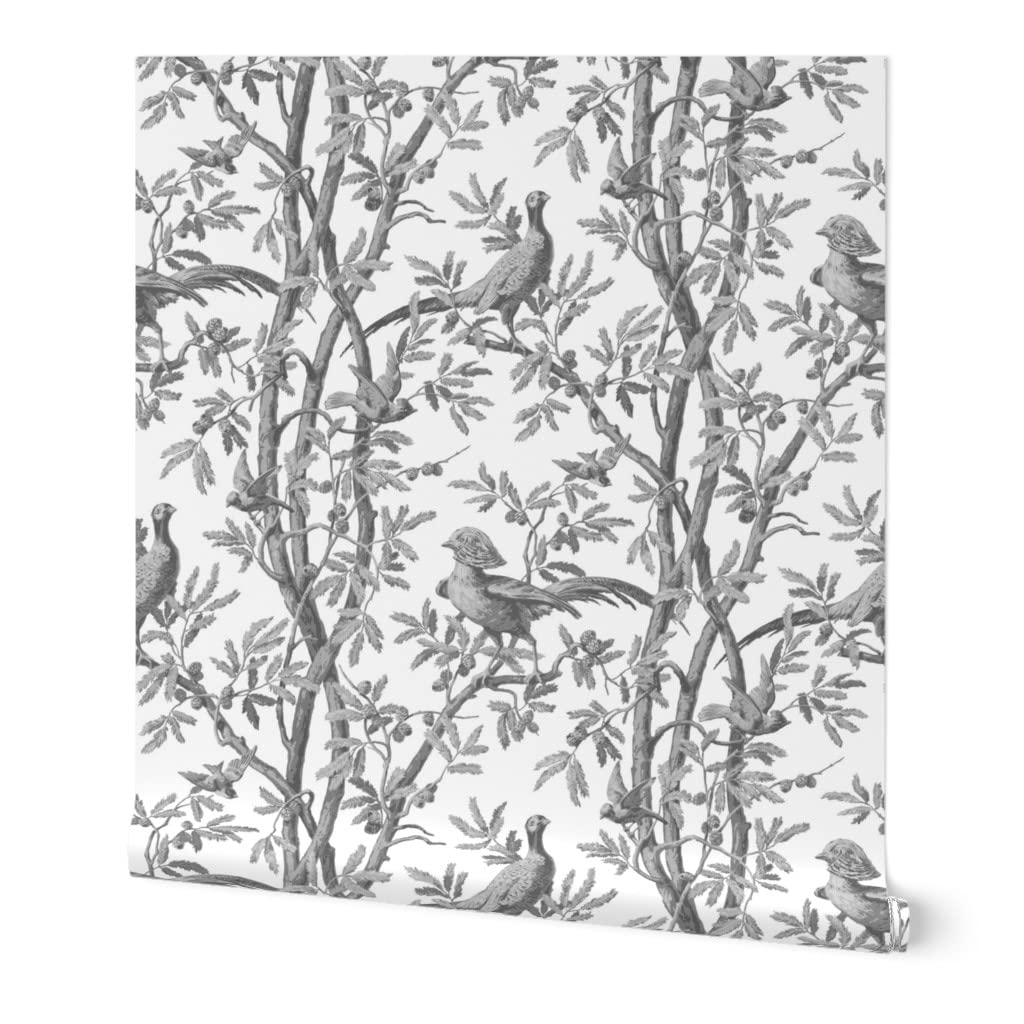 Removable Wallpaper Swatch - Gray Scale Branches Birds Trees Antique Romantic Chinoiserie Toile Custom Pre-Pasted Wallpaper | Perfect for Nursery, Bedroom & Home Office Decor | Spoonflower