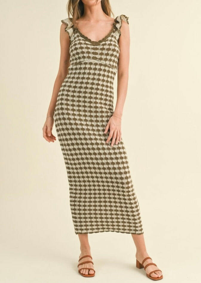 Brown & Stone Checkered Crochet Knitted Ruffle Sleeve Dress - Boho Chic Summer Dress for Beach, Party & Casual Outfits