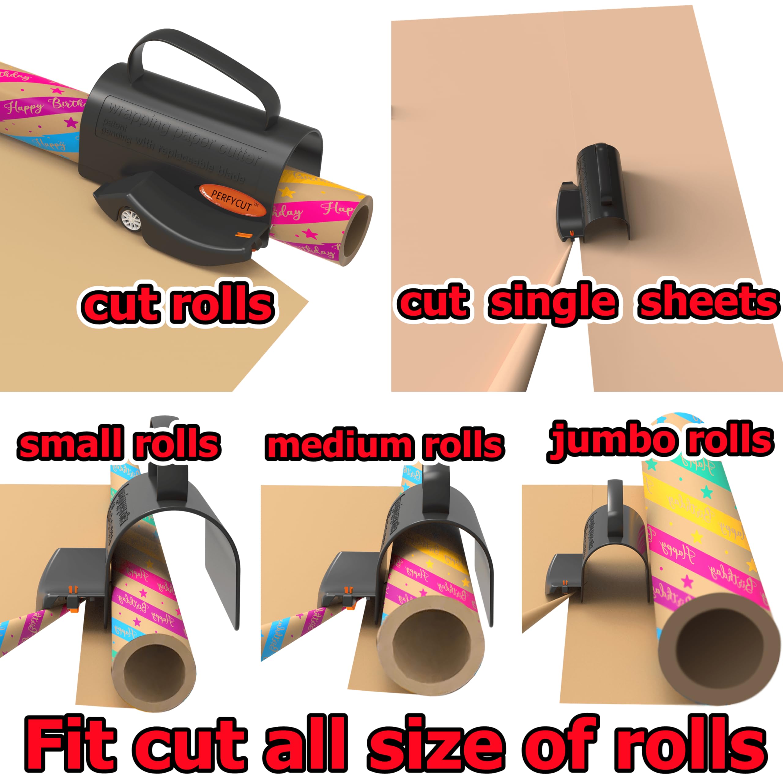 Premium Wrapping Paper Cutter with 3 Replaceable Blades - Gift Wrapping Tool for Birthday, Christmas & Holiday Presents - Easy Sliding Slicing & Tube Holder - Perfect for Home, Office & Crafting Projects