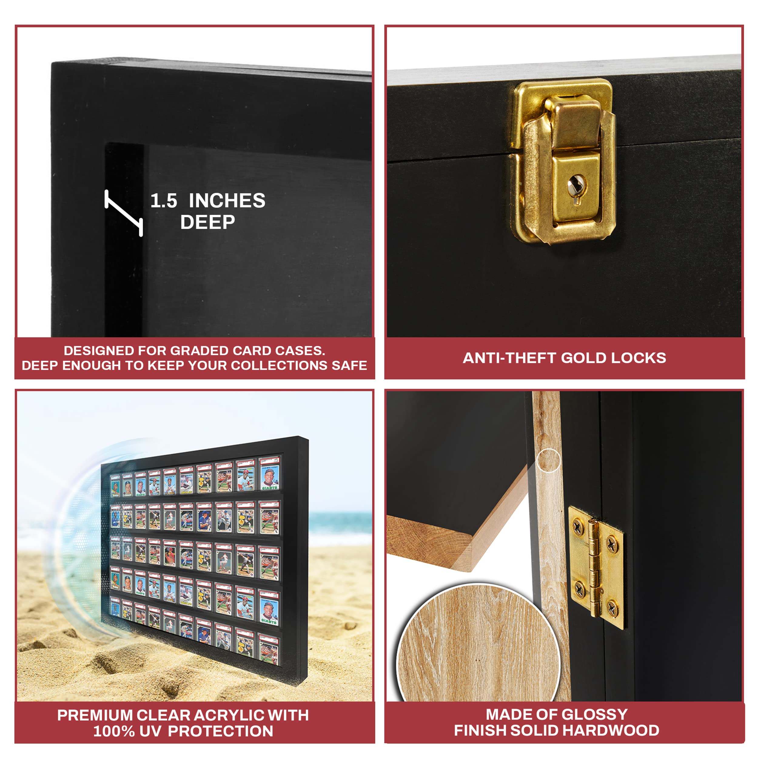 Baseball Card Display Case - 50 Graded Sports Frame with Lock & UV Protection - PSA Certified for Pokemon, Football & Basketball Cards | Perfect for Collectors, Home Decor & Gift Giving