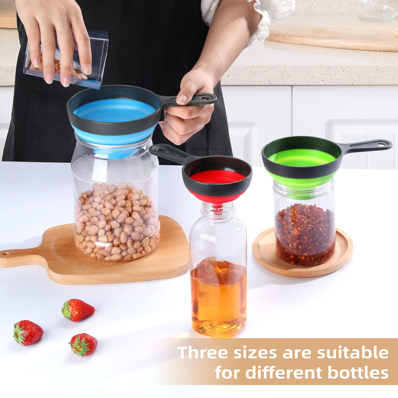 Dokpod 3-Piece Collapsible Kitchen Funnel Set - Wide Mouth Canning Funnel for Bottles, Small/Medium/Large Funnels for Solids, Powder & Liquids - Perfect for Home Canning, Baking & DIY Projects
