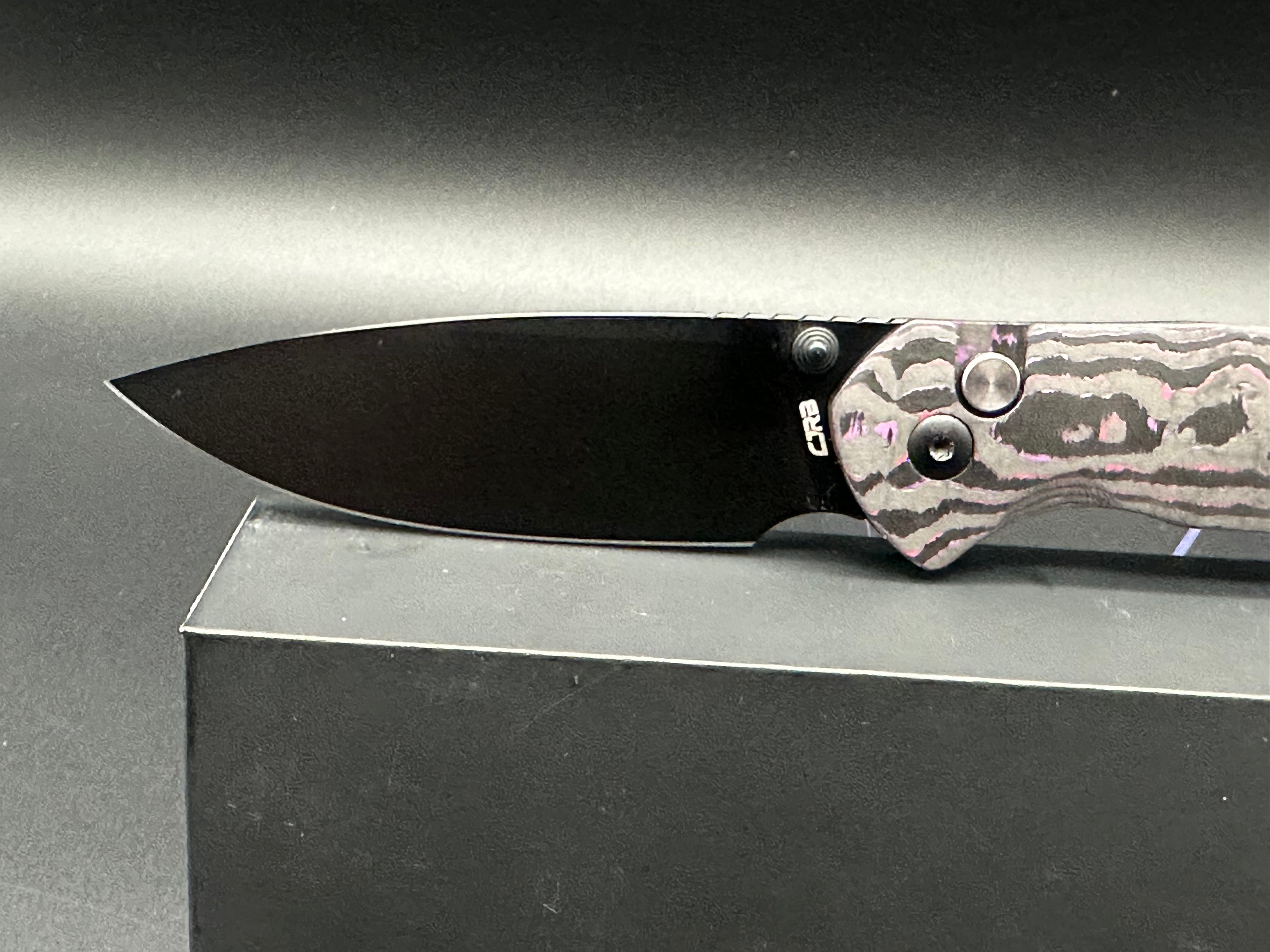 CJRB Pyrite Titanium Button Lock Knife - Exclusive BHQ Purple Haze Fat Carbon Handle (3.1