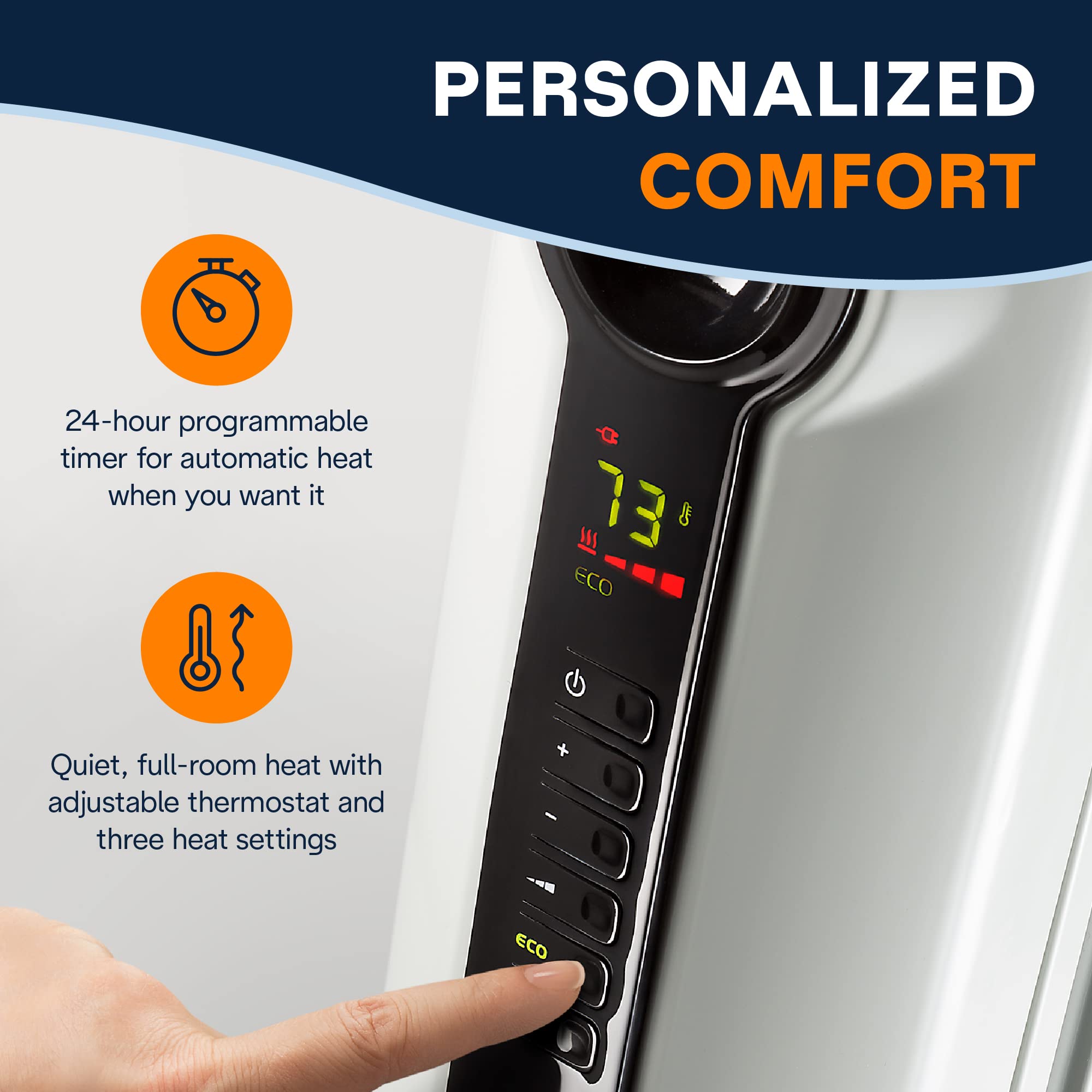 De'Longhi Radia S TRRS0715ECA Oil-Filled Radiator Space Heater - 1500W Quiet Full Room Heating with Adjustable Thermostat, 3 Heat Settings, Digital Timer & ECO Mode | Energy Efficient & Safe | Light Gray | Perfect for Bedroom, Office & Living Room