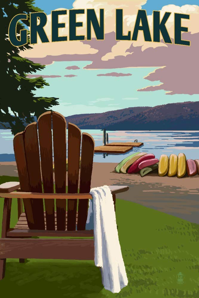 Green Lake Michigan Adirondack Chairs Lake 97396 - 24x36 Signed Art Print Wall Decor Poster for Living Room, Bedroom & Office