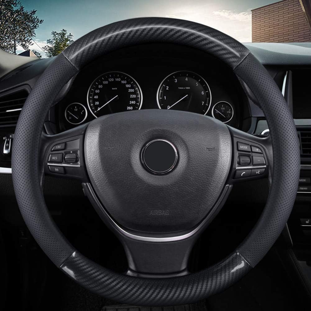 KAFEEK Classic 15 Inch Universal Carbon Fiber Steering Wheel Cover - Breathable Microfiber Leather (Black) | Perfect for Cars, Trucks & SUVs - Enhances Grip & Comfort for Daily Driving & Road Trips