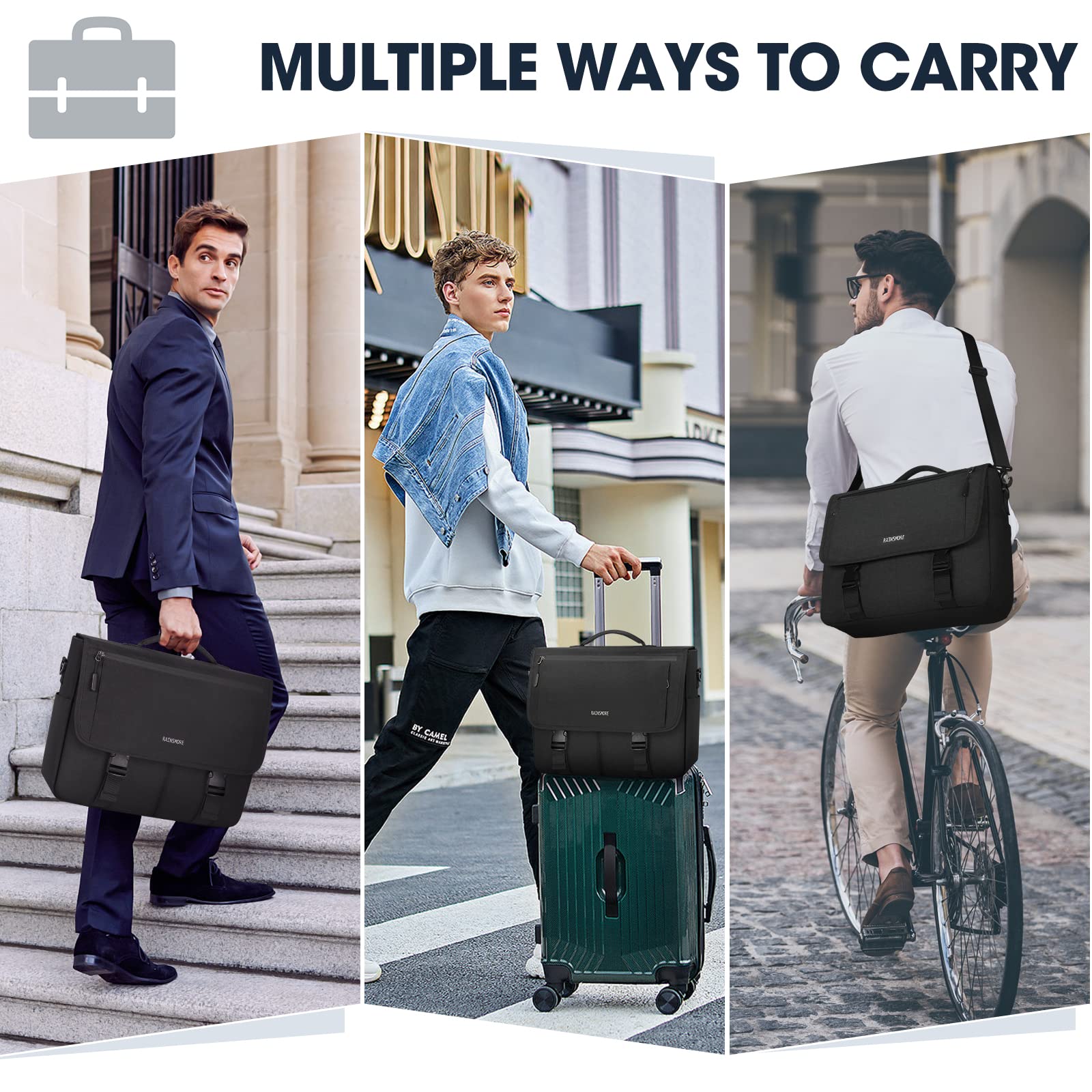 RAINSMORE Water Resistant Messenger Bag for Men - 15.6 Inch Laptop Bag, Durable College & Office Satchel, Casual Crossbody Shoulder Bag for Work, Travel & Daily Commute - Black
