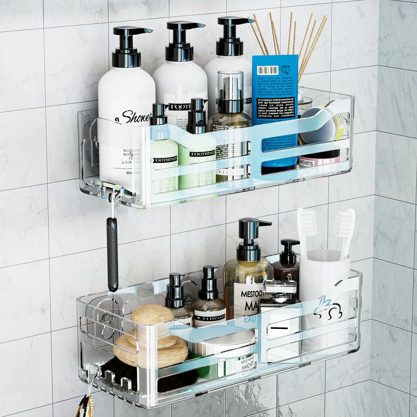 Premium Acrylic Shower Caddy with Hooks - Wall Mounted Bathroom Storage Organizer for Shampoo, Soap & Toiletries (2 Pack) - Perfect for Small Bathrooms, Dorm Rooms & RV Showers