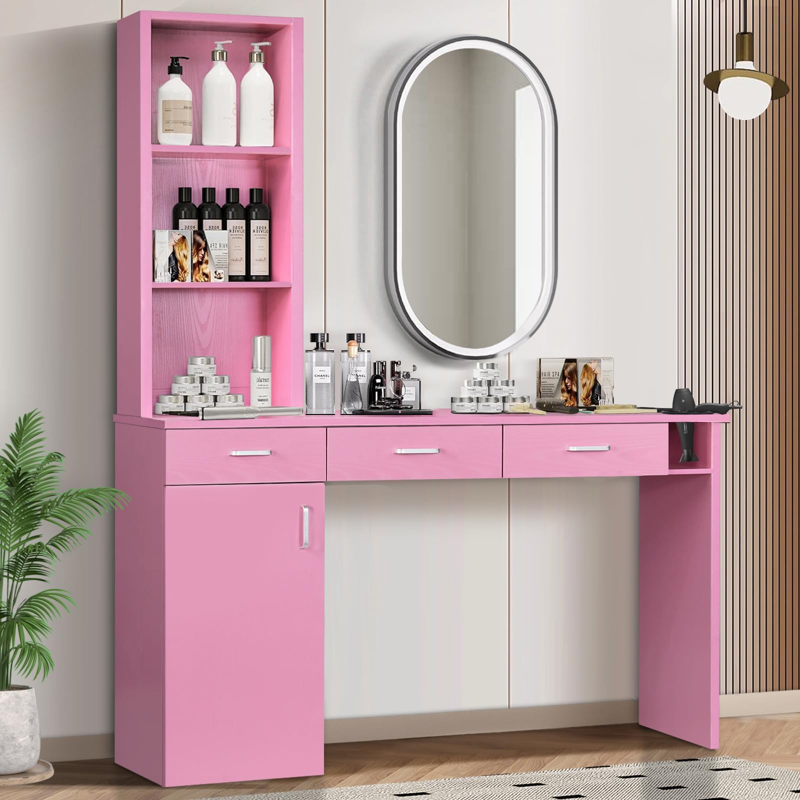 Professional Barber Station for Hair Stylists - Salon Wall Mount Cabinet with Hair Dryer Holder & Storage Drawers - Pink Beauty Salon Equipment for Home & Commercial Use