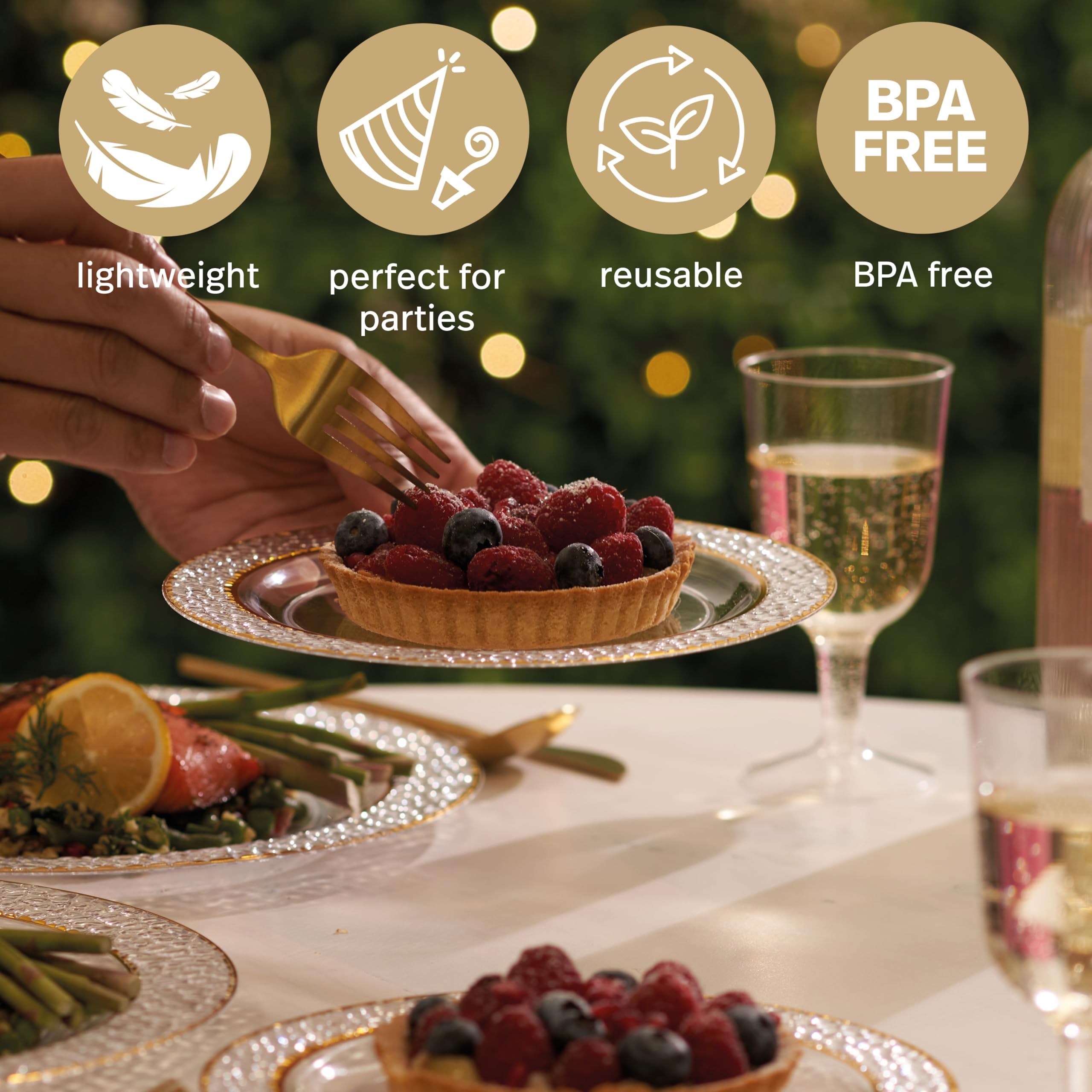 MATANA 20-Pack 7.5 Inch Clear Reusable Plastic Party Plates with Hammered Gold Rim - Heavy Duty Dinner Plates for Wedding, Bridal Shower, Birthday Party, Picnic & Special Events - Elegant Fancy Disposable Tableware for Indoor/Outdoor Entertaining