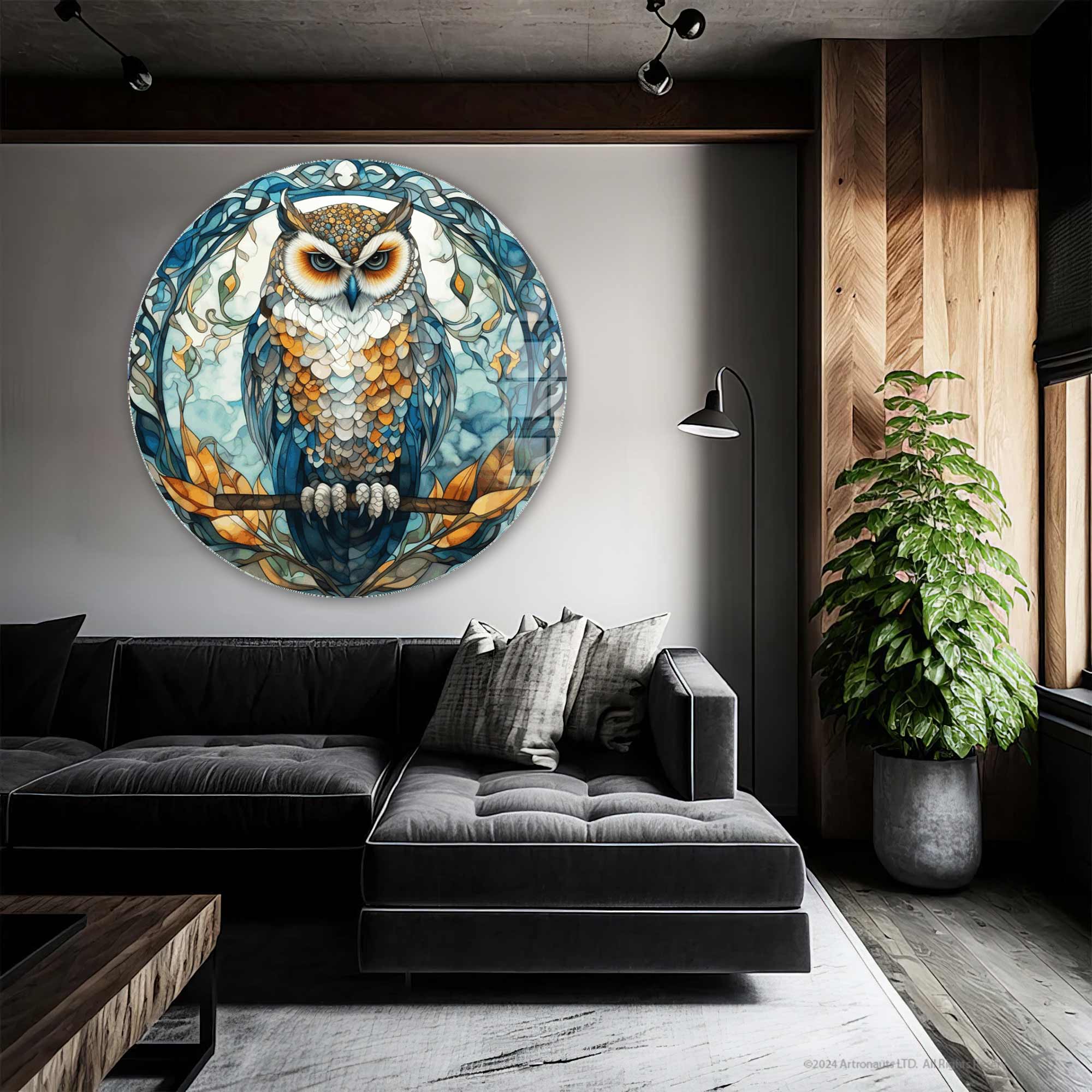 Stained Owl Rounded Glass Wall Art - Handmade Decorative Glass Panel for Home & Office Decor - Perfect for Living Room, Bedroom, or Gift Giving
