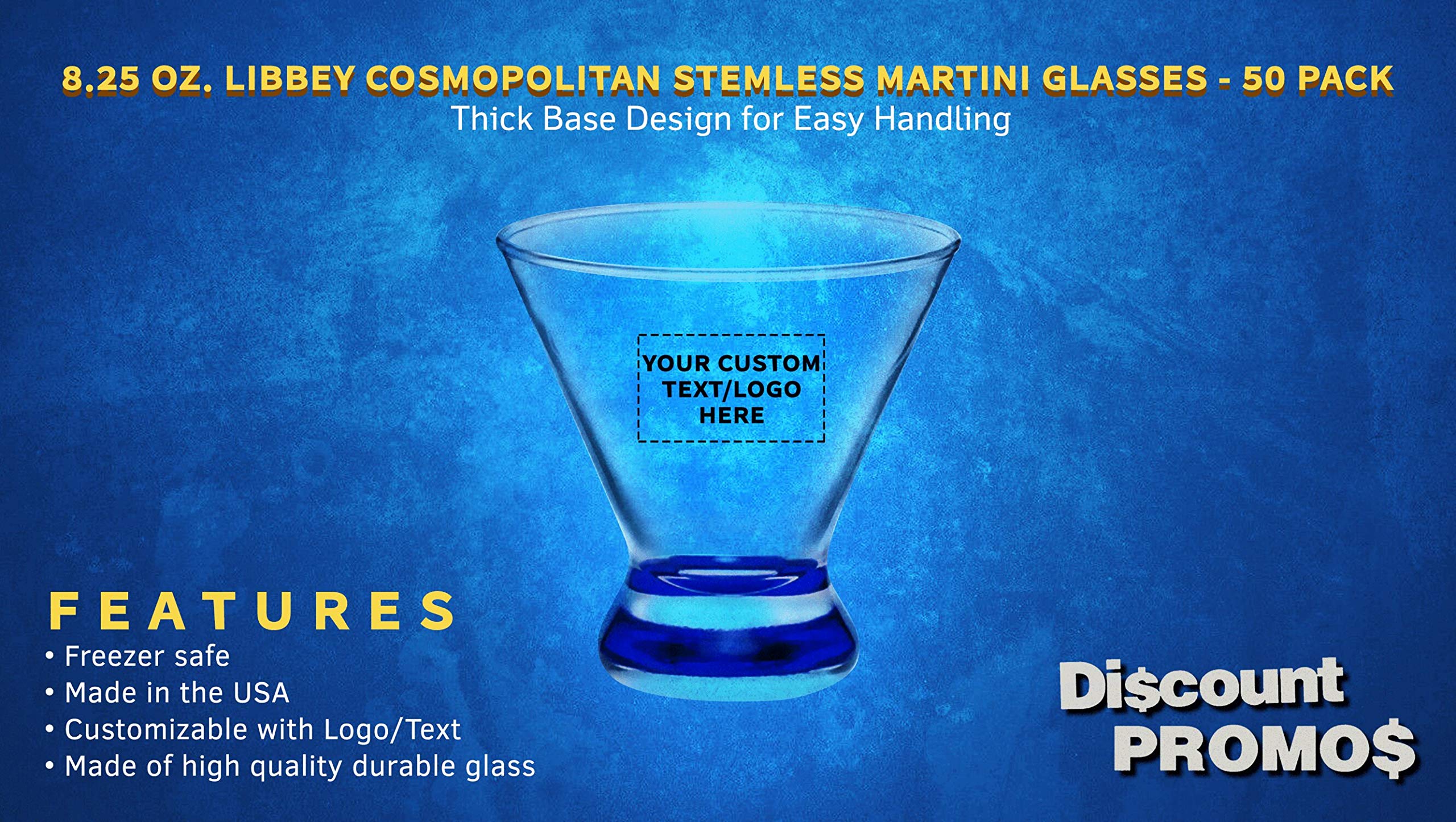Custom Libbey Martini Glasses 8.25 oz (Set of 50) - Personalized Bulk Cocktail Glasses for Weddings, Parties & Events - Elegant Blue Barware - Perfect for Home Bars, Restaurant Use & Special Occasions